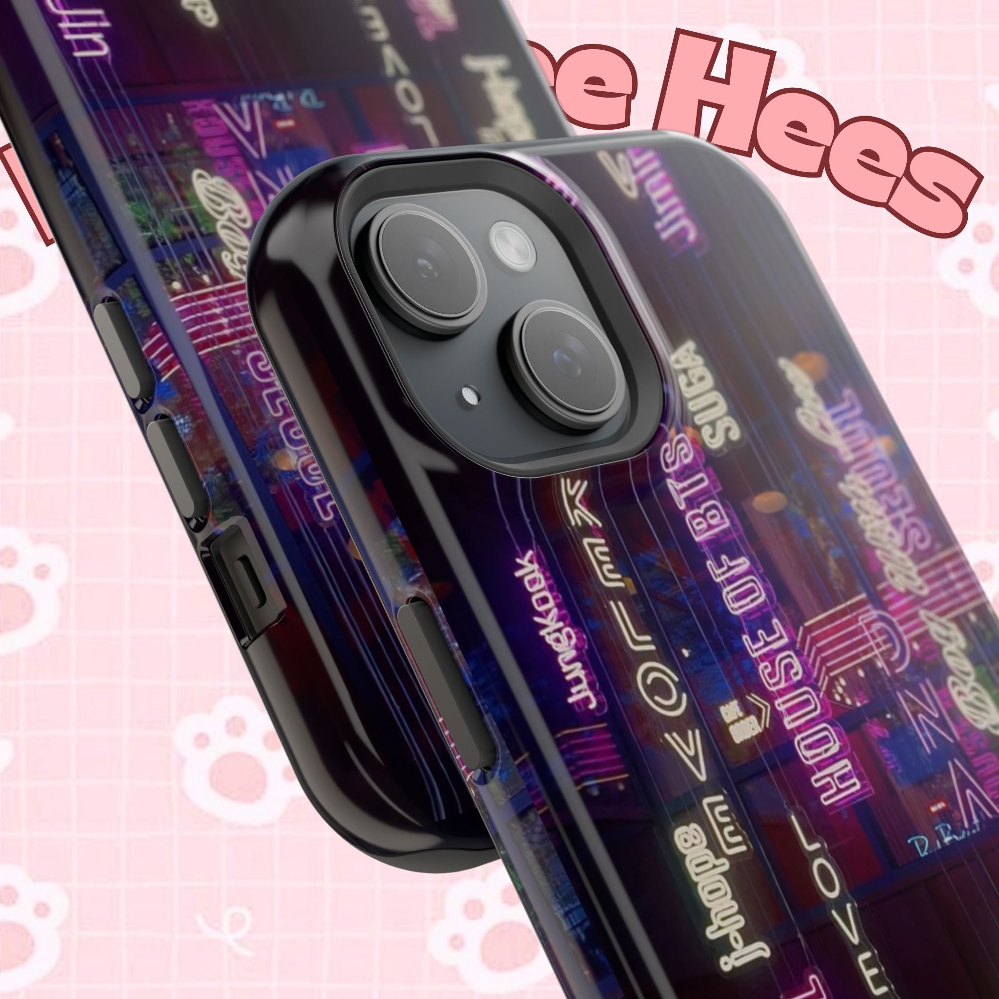 Neon Korean script BTS phone case for iPhone and Samsung, impact-resistant design with Bangtan Sonyeondan branding.
