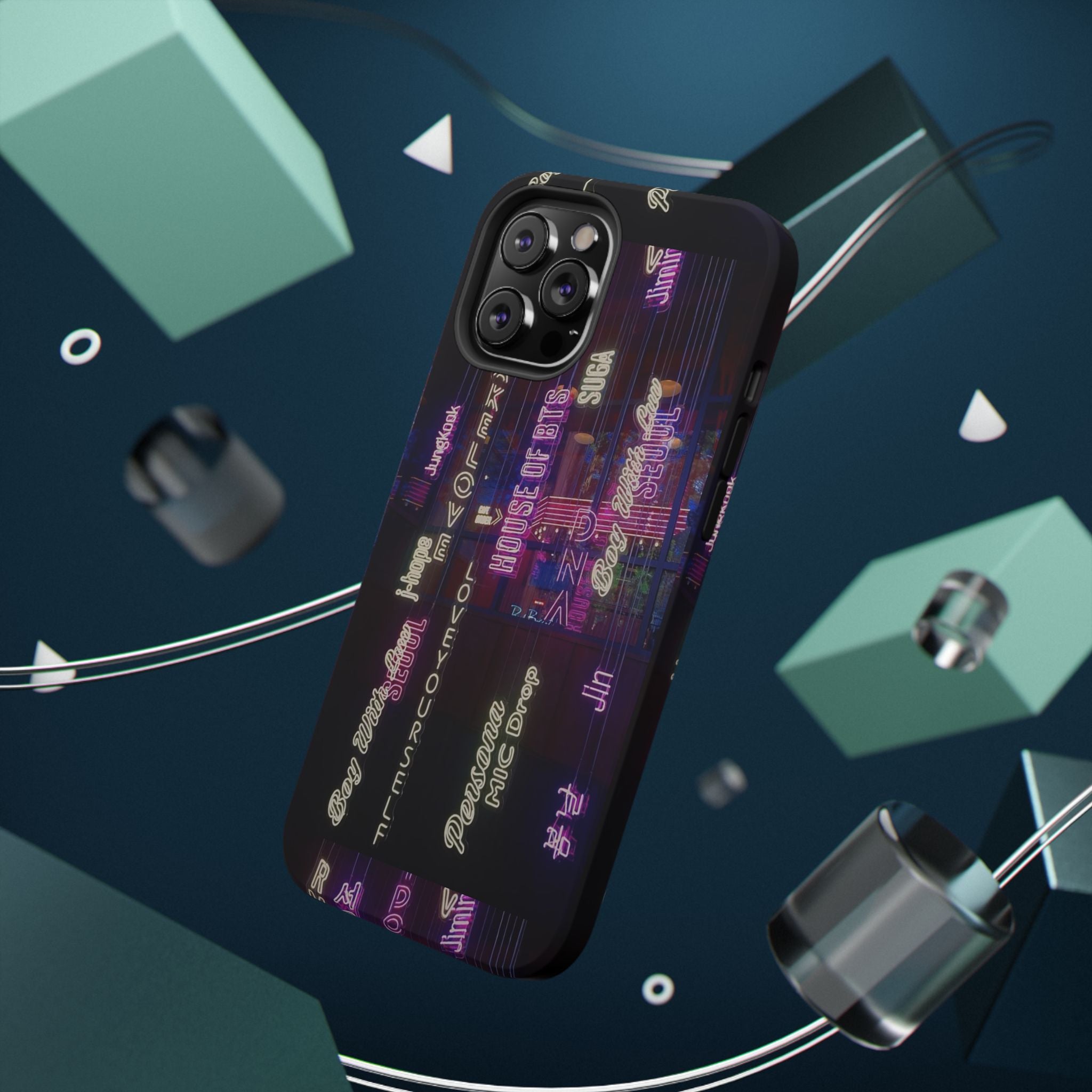 Impact-resistant Bangtan Sonyeondan BTS phone case with Neon Korean Script design for iPhone and Samsung smartphones.