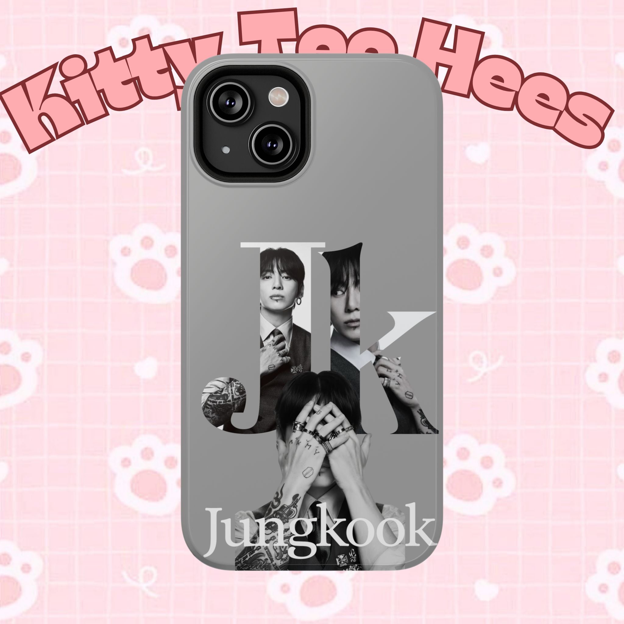 Monochrome BTS Jungkook phone case by Printify, impact-resistant design featuring Jungkook's letter B and minimalist style.
