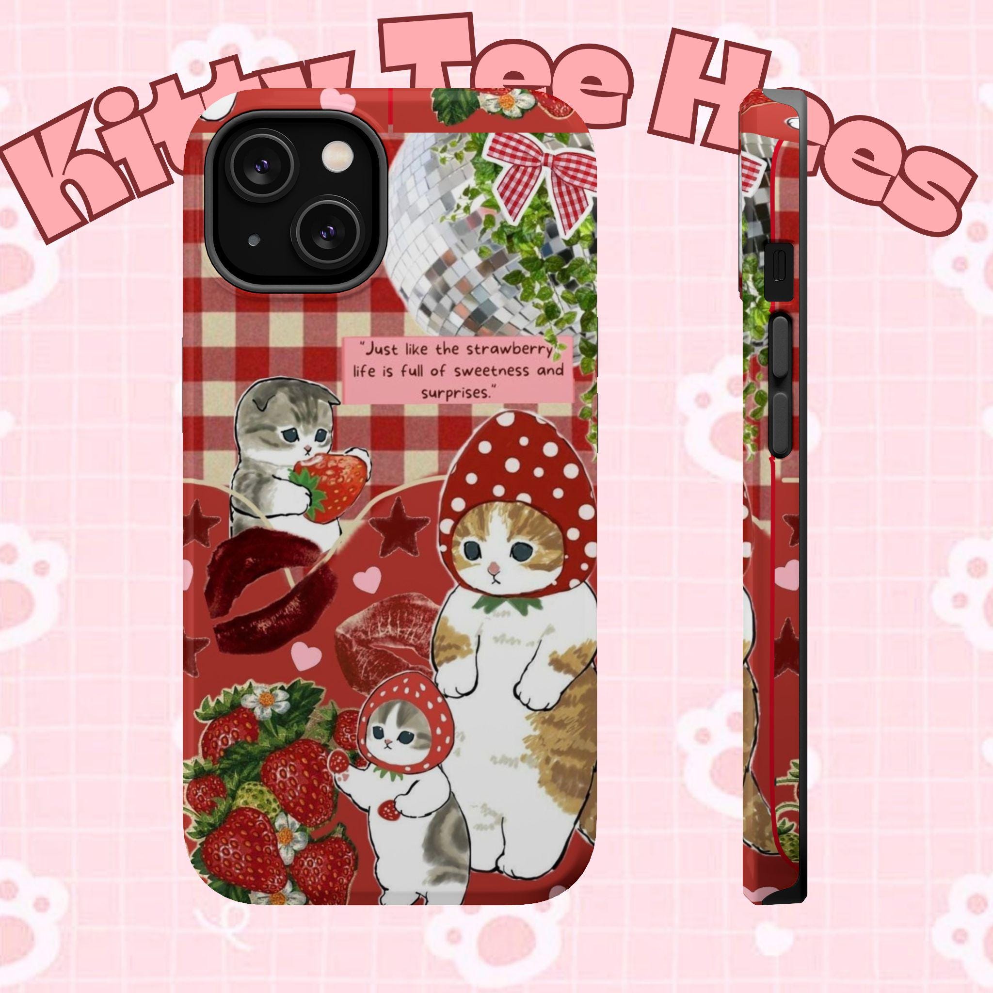 Cute strawberry Cat Magnetic Tough Cases Funny cat phone case, cute iphone 17 case Adorable Phone Case for Cat Lovers - Kitty TeeHees