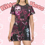 Pink Monster High Draculaura T-shirt dress with black cat and bat print, featuring cartoon character design for teen girls.