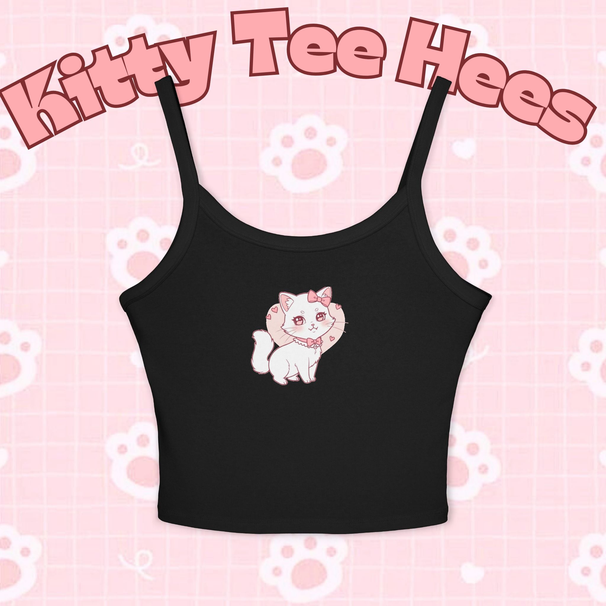 Pink coquette kitty tank top for women, sleeveless summer camisole with spaghetti straps, casual cat lover gift from Printify.