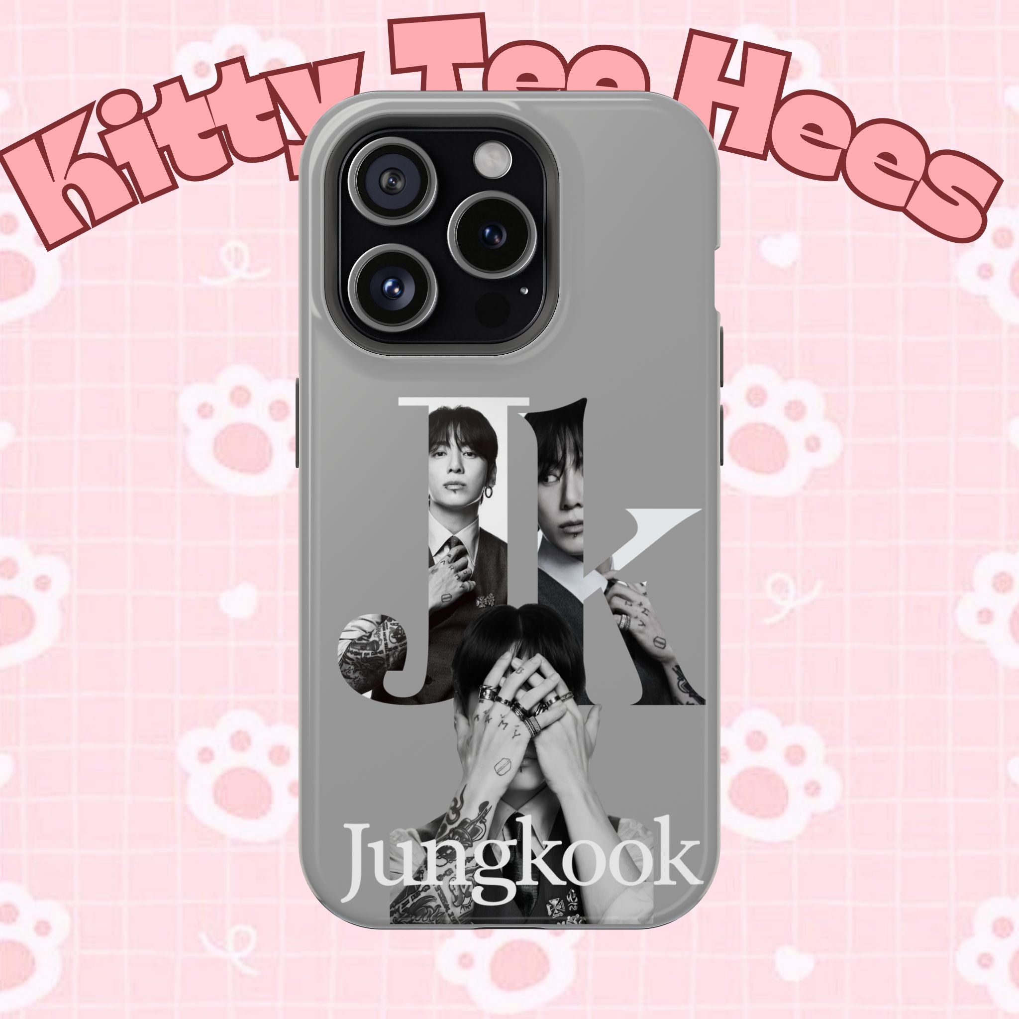 Monochrome BTS Jungkook phone case with letter design, impact-resistant Printify phone cover featuring Jungkook from BTS.