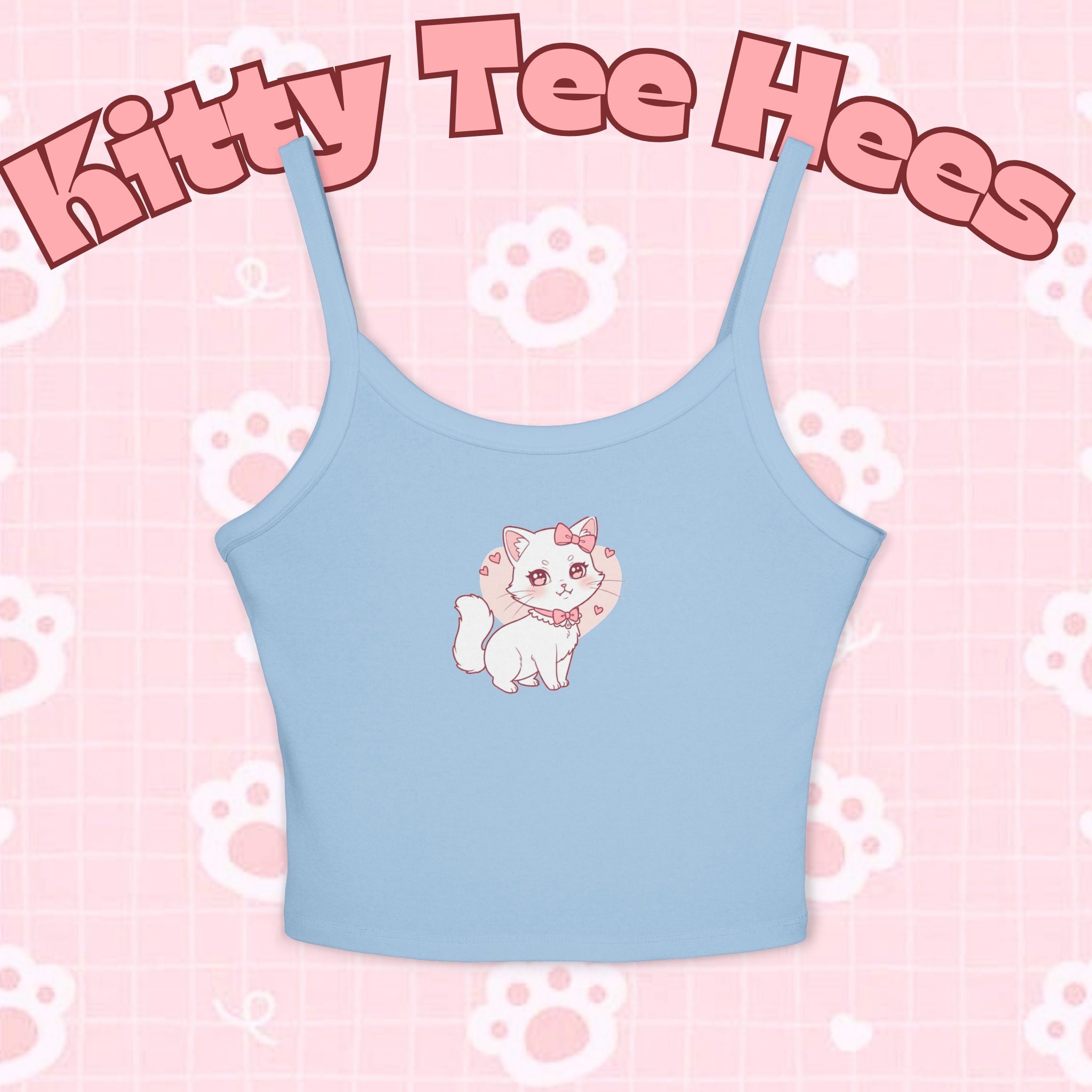 Pink coquette kitty tank top for women, sleeveless summer camisole with spaghetti straps, casual cat lover gift shirt.