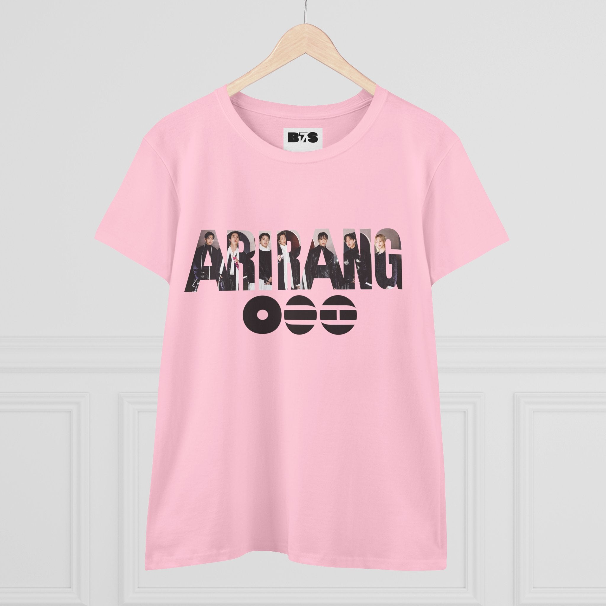 BTS ARIRANG graphic T-shirt featuring the BTS logo, member names, and colorful design, made by Printify.