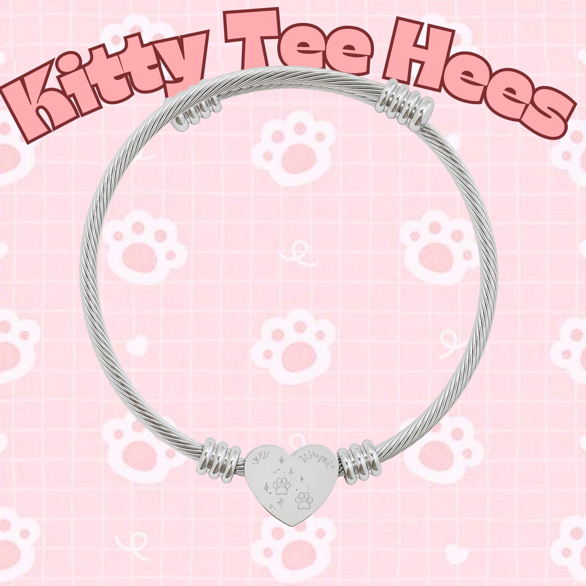 Pet Paw Engraved Name Heart Cuff Bracelet - Kitty TeeHees