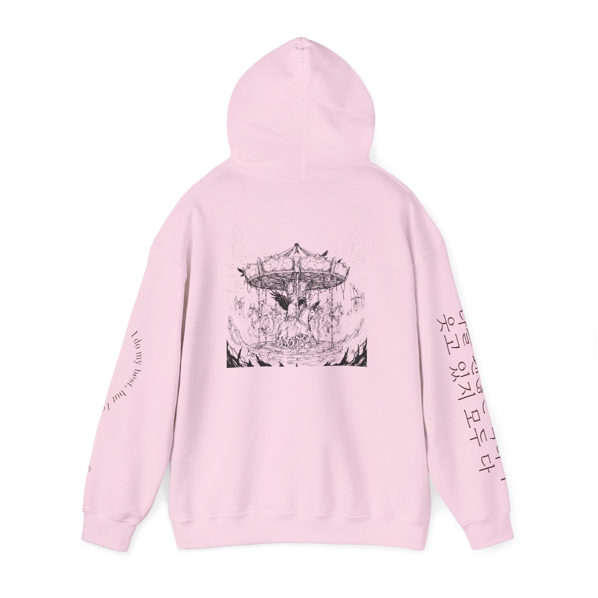 BTS Merry-go-round Arirang 2026 hoodie featuring carousel illustration, Korean script sleeves, and BTS lyric design.