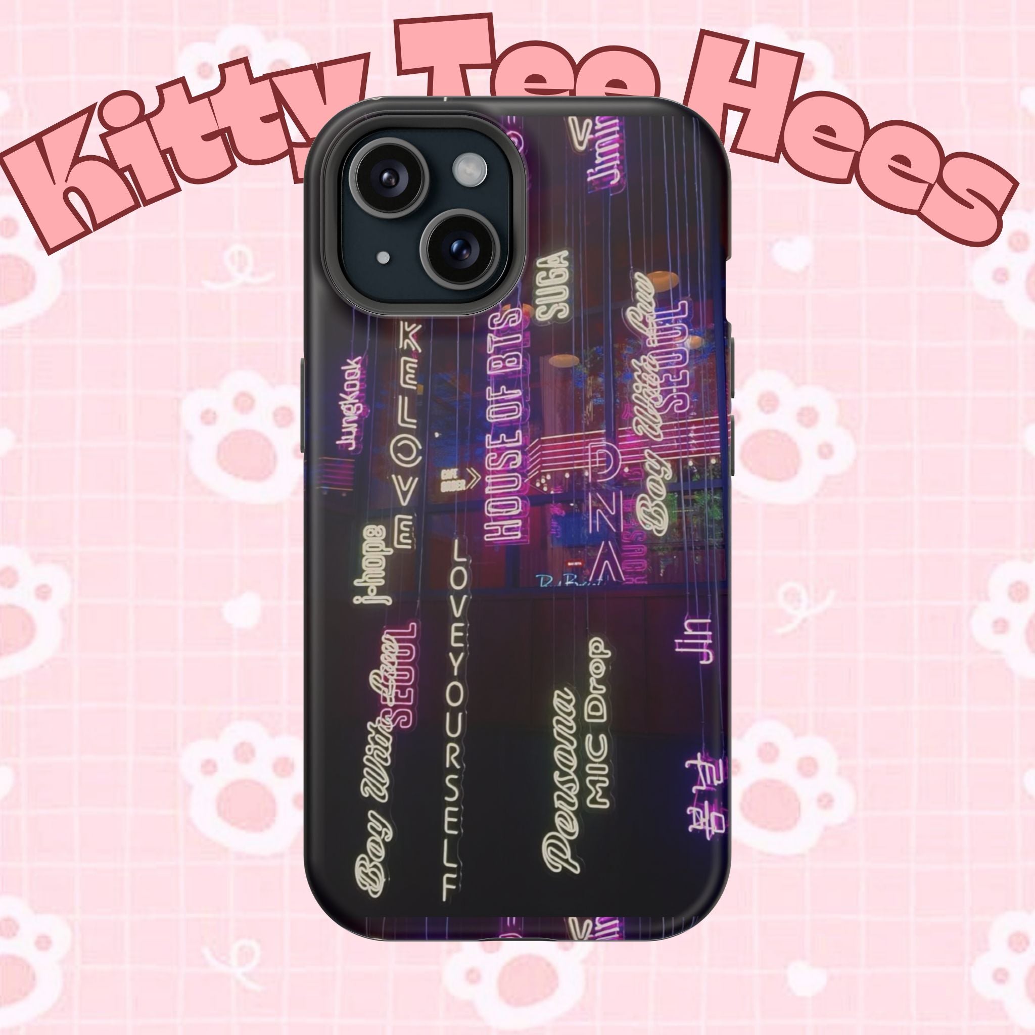 Neon Korean Script BTS phone case for iPhone and Samsung, impact-resistant printify case featuring Bangtan Sonyeondan design.