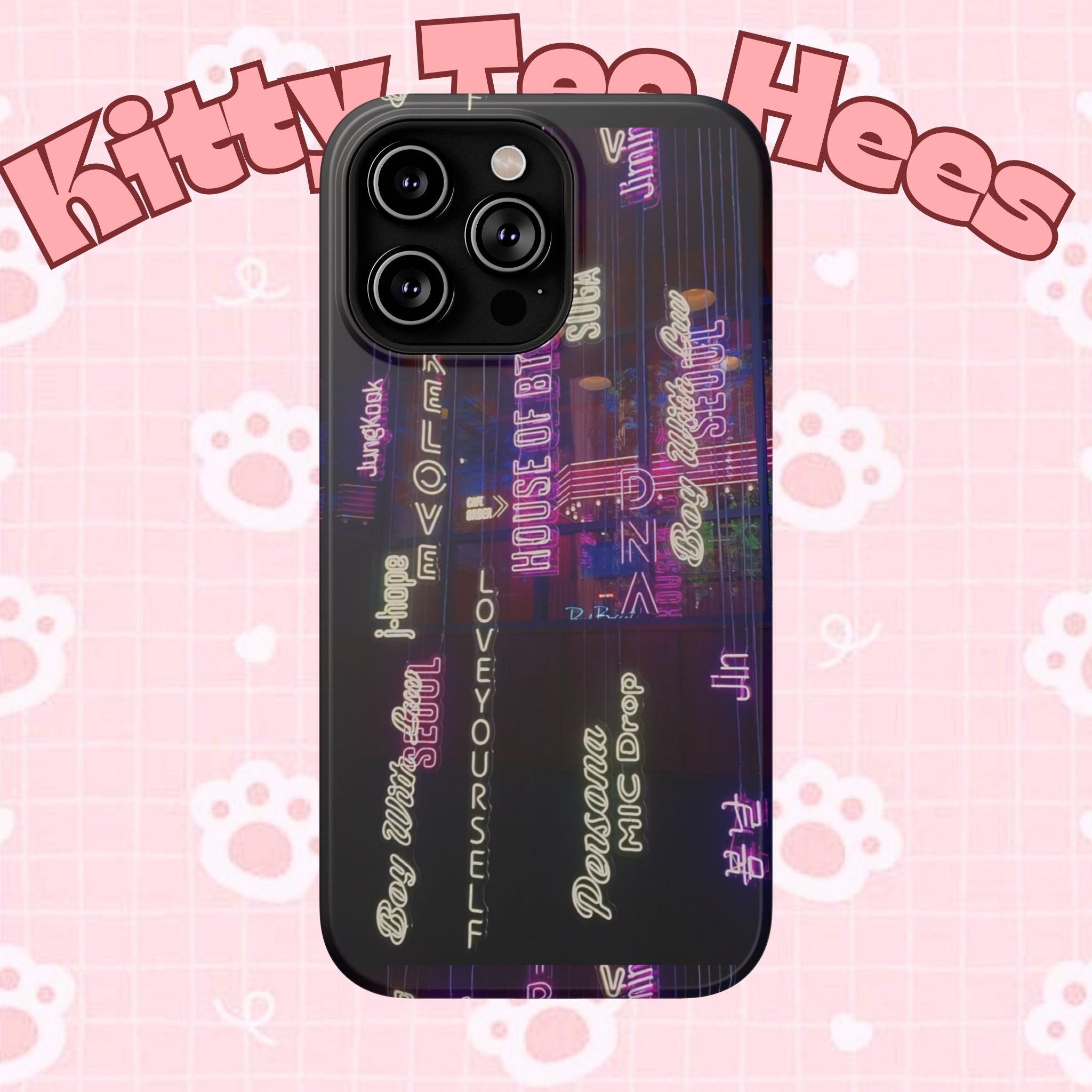 Neon Korean script BTS phone case for iPhone and Samsung, impact-resistant design by Printify featuring Bangtan Sonyeondan branding.