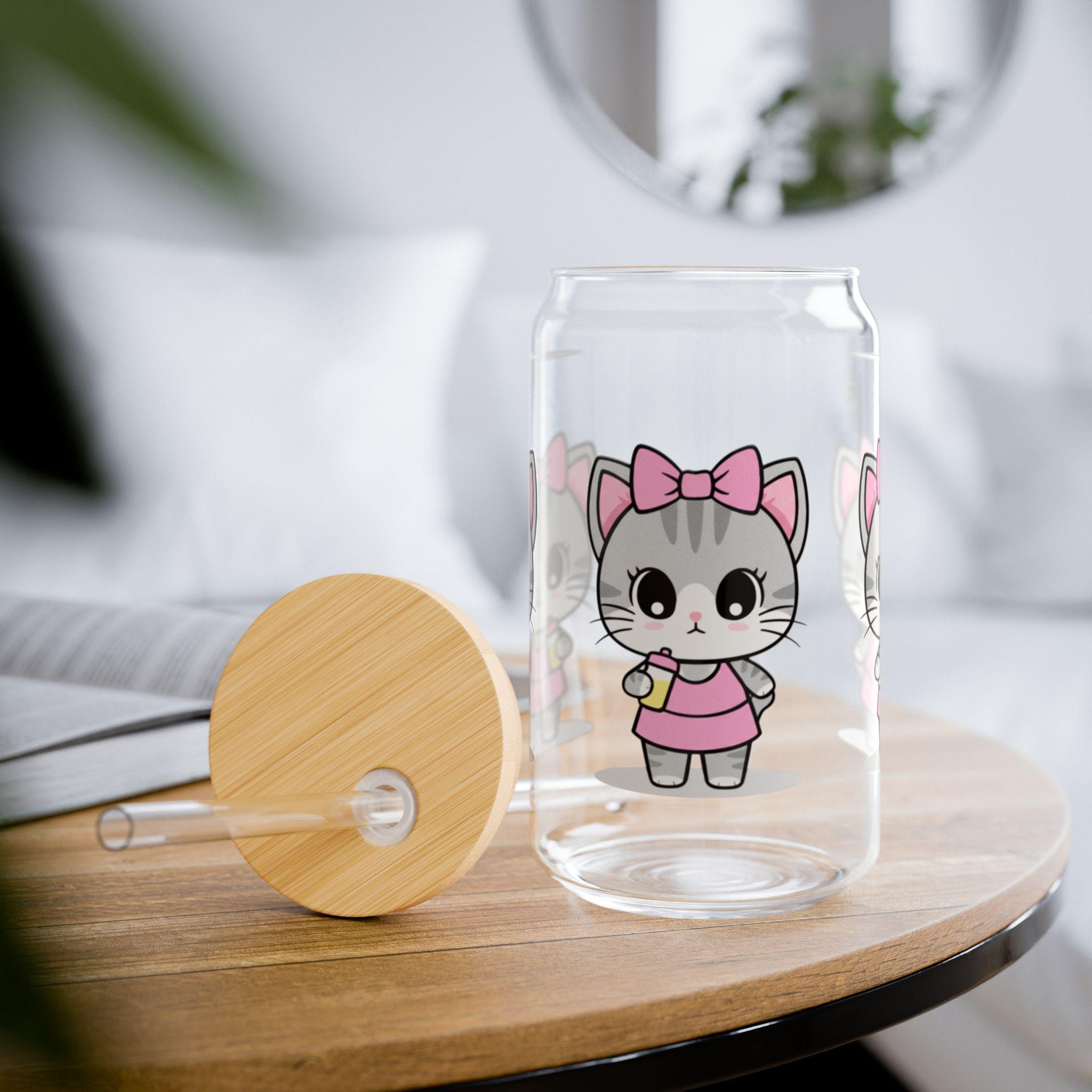 Yoga Kitty Glass Sipper Cup, Bamboo Lid & Straw, Pink Cat Design - Kitty TeeHees