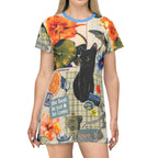 Blue and orange kitty cat-themed T-shirt dress with floral all-over print, casual wear for cat lovers by Printify.