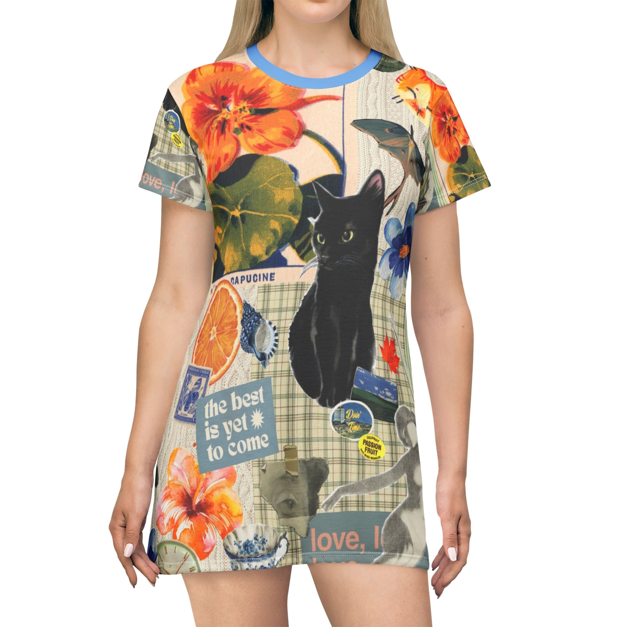 Blue and orange kitty cat-themed T-shirt dress with floral all-over print, casual wear for cat lovers by Printify.