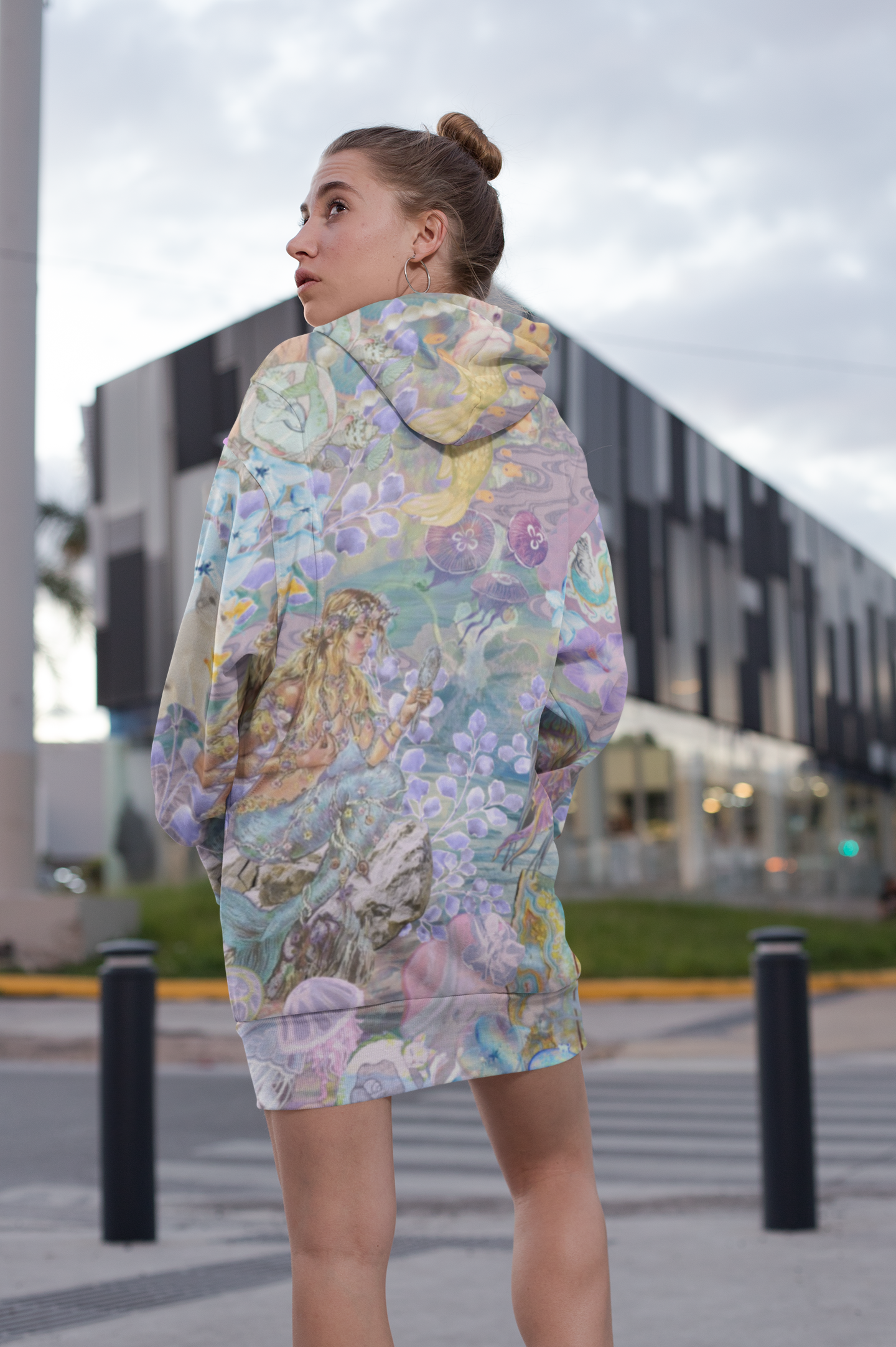 Mermaid Dreams women's hoodie dress with vibrant fantasy print, cozy casual wear perfect for beach days and ocean lovers.
