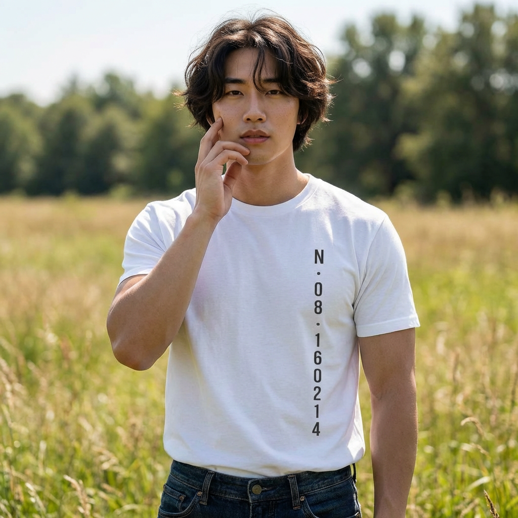 BTS THISISNEVERTHAT save me era T-shirt by Printify featuring minimal text and BTS-inspired design, worn by a model.