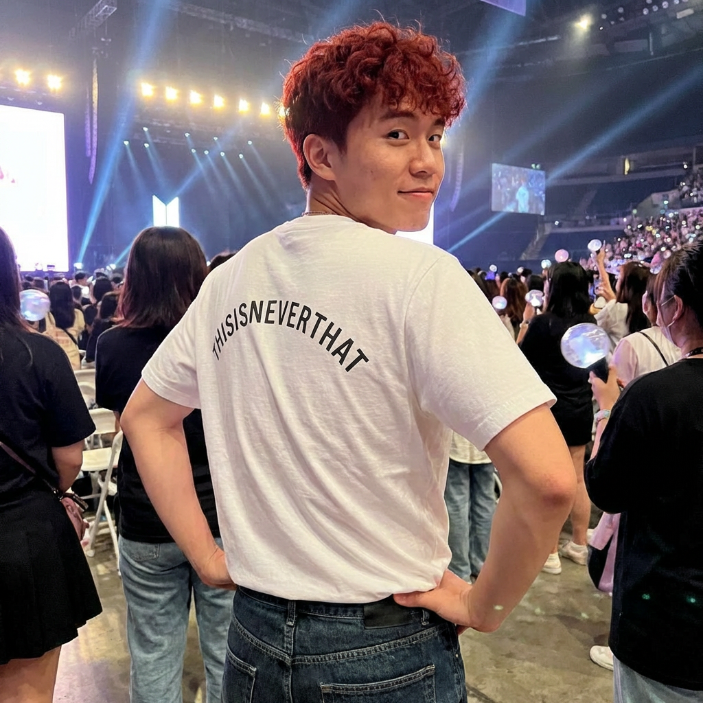 BTS THISISNEVERTHAT save me era T-shirt by Printify featuring minimal text and vertical design, casual streetwear style.