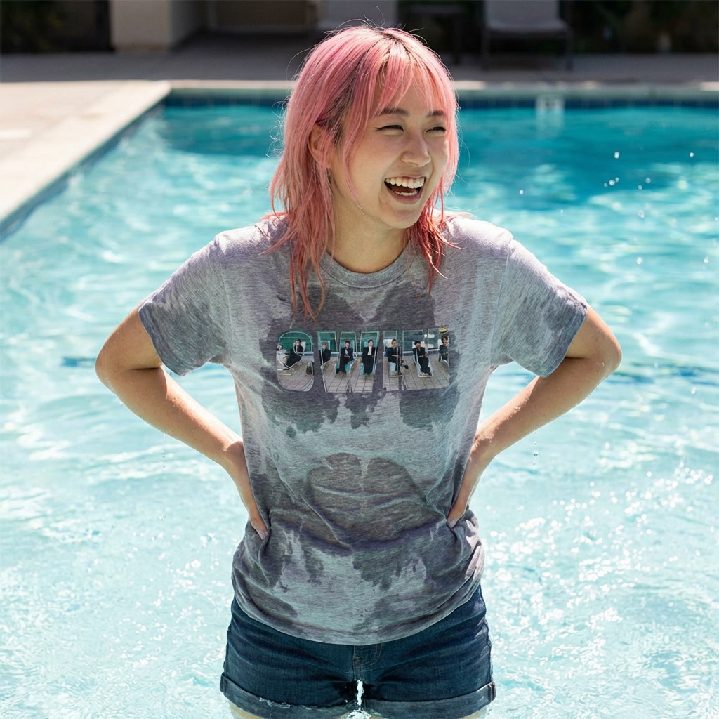 Printify BTS Swim graphic T-shirt featuring a pool scene and Bangtan lyrics, casual fit, perfect for BTS fans.