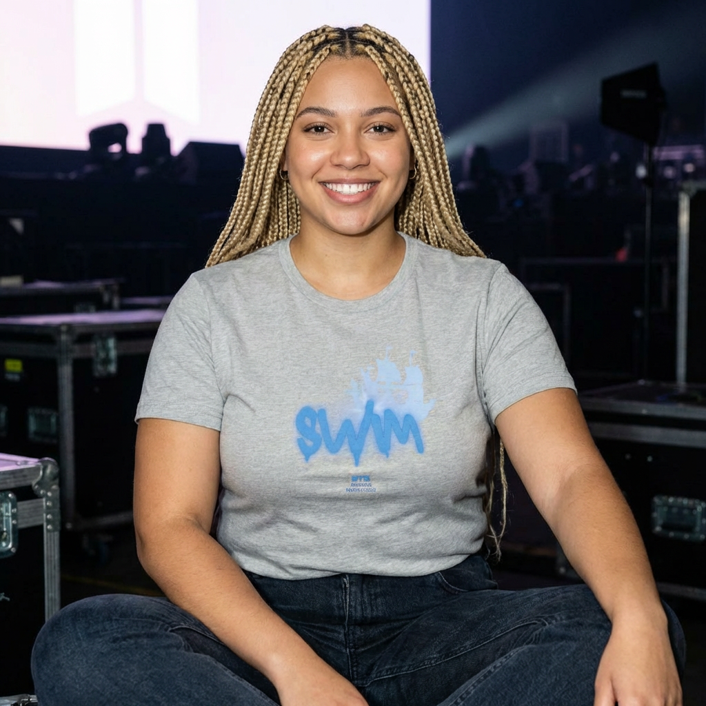 Women's BTS Swim T-Shirt with Sailboat Script Logo, cotton concert tee from Bangtan World Tour, featuring a casual, stylish design.
