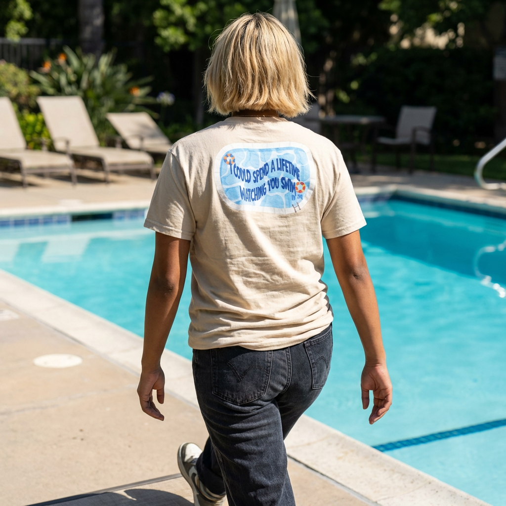 Printify BTS swim graphic T-shirt featuring a pool scene back design and "I could spend a lifetime watching you swim" text.