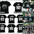 Custom BTS T-shirt featuring images of Jungkook, Jimin, V, J-Hope, RM, Suga, Jin, and Bangtan members, perfect for K-pop concert fans.