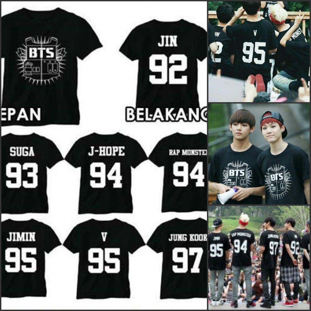Custom BTS T-shirt featuring images of Jungkook, Jimin, V, J-Hope, RM, Suga, Jin, and Bangtan members, perfect for K-pop concert fans.