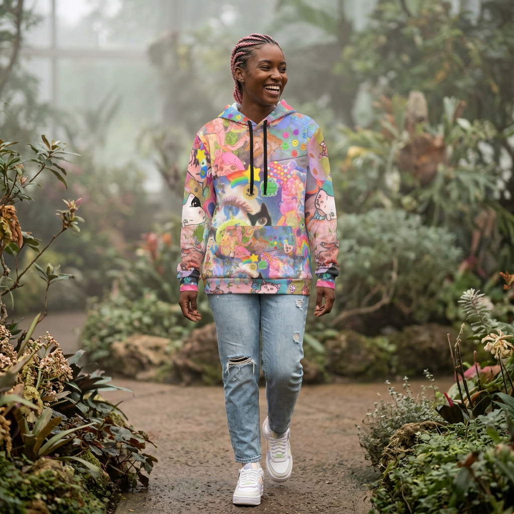 Colorful hoodie with whimsical cat graphic, all-over print, fun kid core style, casual athletic sweatshirt by Printify.