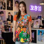 Colorful BTS Kidcore Y2K concert dress with all-over print featuring Bangtan Boys K-Pop group photo, casual T-shirt style.