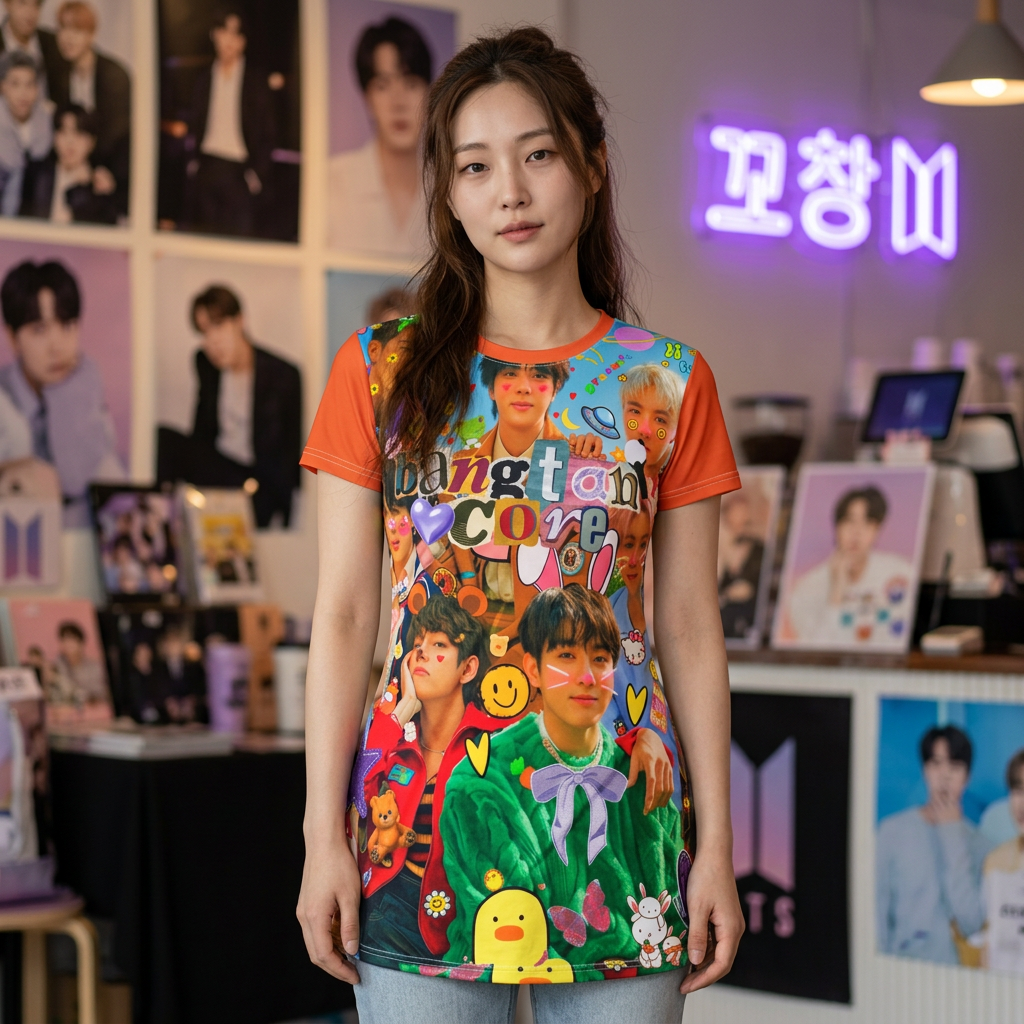 Colorful BTS Kidcore Y2K concert dress with all-over print featuring Bangtan Boys K-Pop group photo, casual T-shirt style.