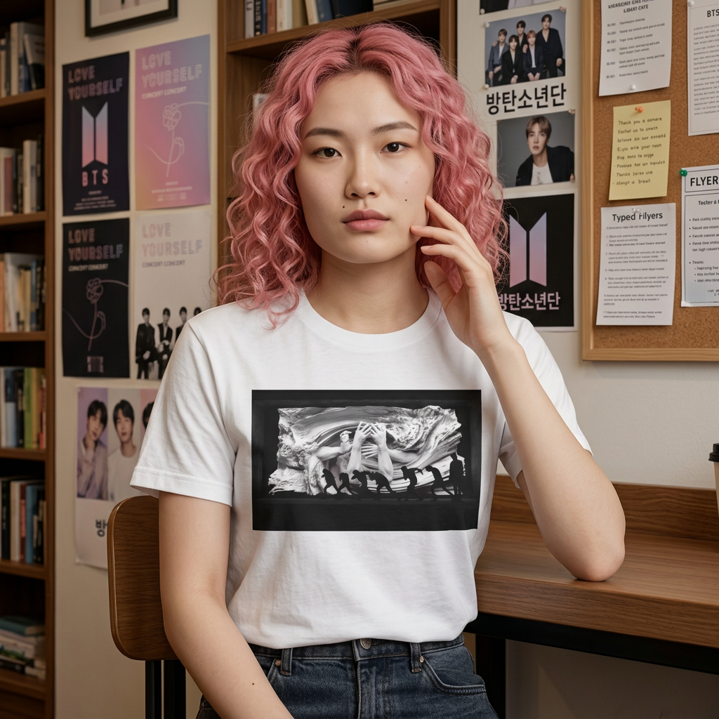 Black and white BTS graphic T-shirt featuring Blood Sweat & Tears photo print, inspired by K-Pop band BTS.