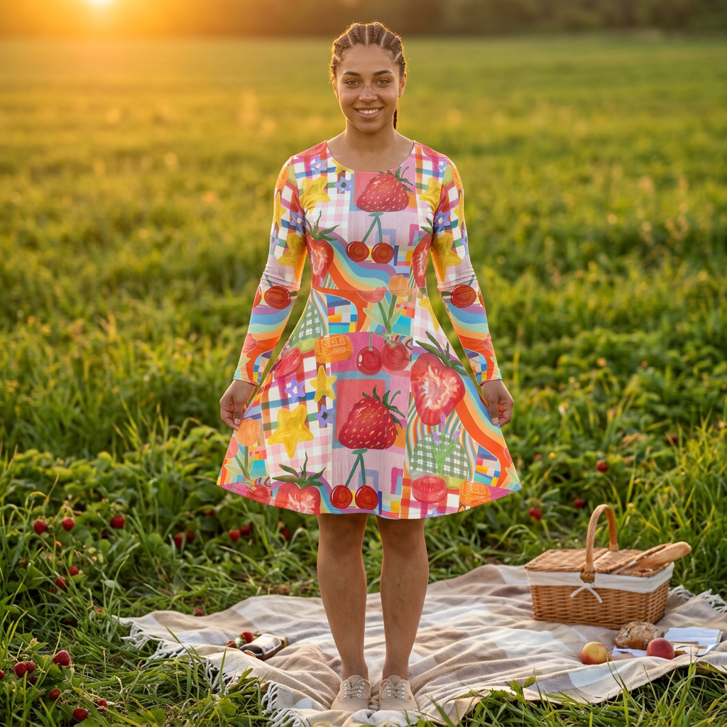 Colorful strawberry print dance dress for women with long sleeves, spring fashion, all-over fruit print by Printify.