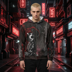 Gothic cat art unisex pullover hoodie with all-over print, cozy streetwear style, featuring unique alternative fashion design.