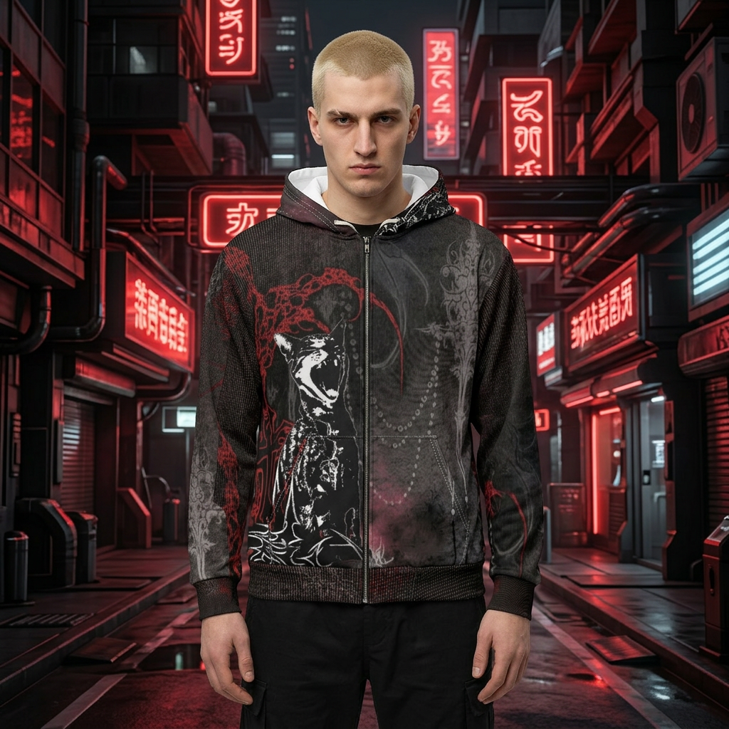 Gothic cat art unisex pullover hoodie with all-over print, cozy streetwear style, featuring unique alternative fashion design.