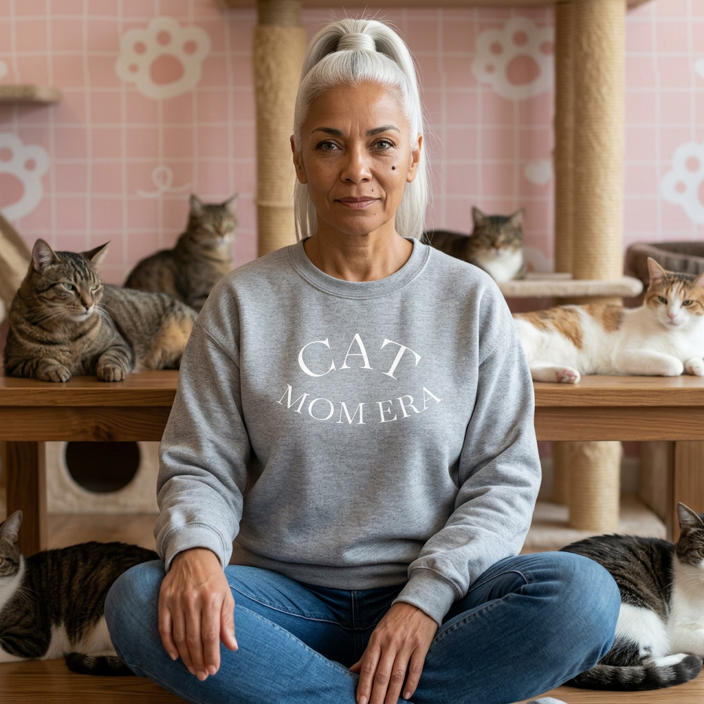 Cozy cat mom sweatshirt with cute animal print for pet lovers, featuring a feline-themed design on a comfortable pullover.