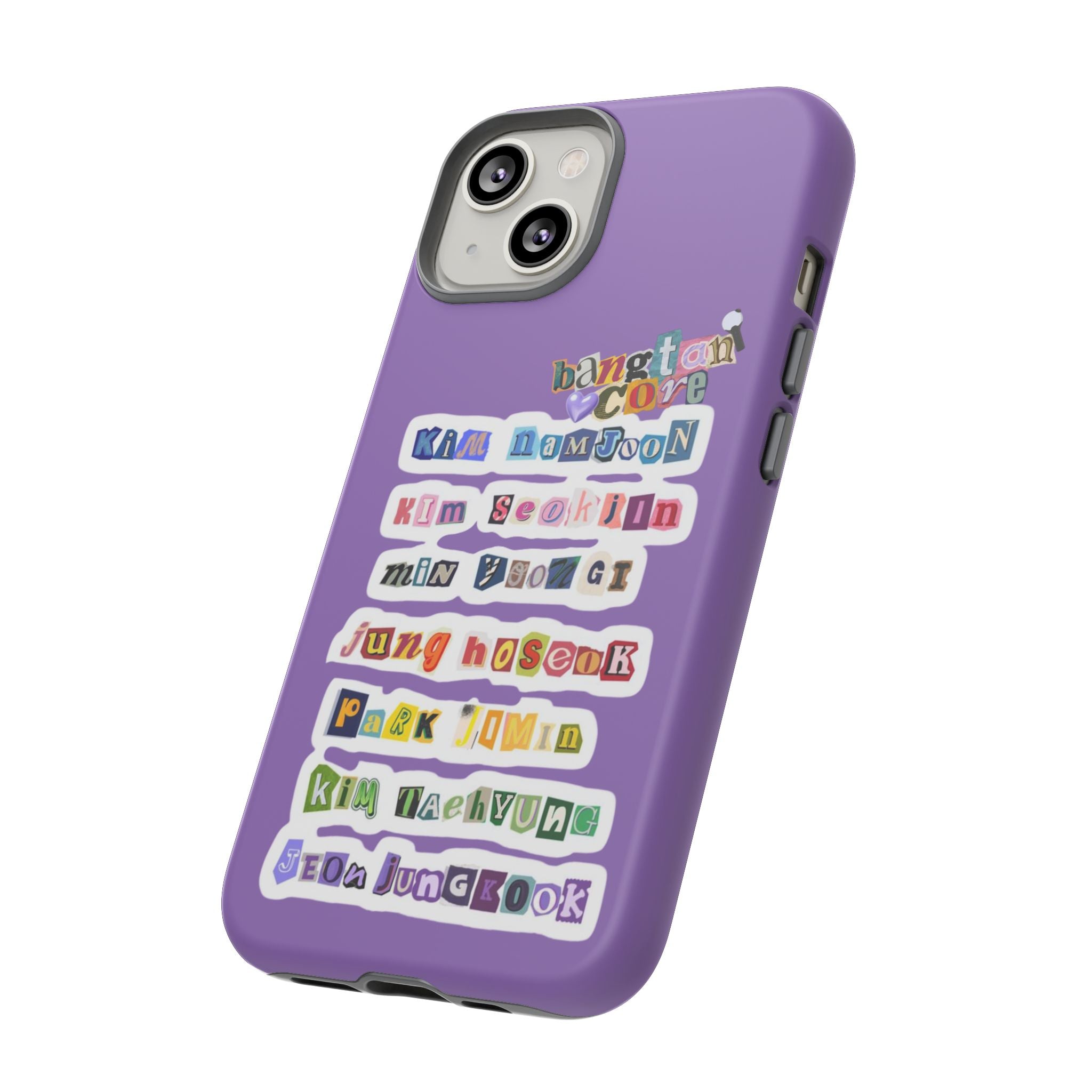 BTS member names phone case featuring Jungkook, Jimin, and RM for iPhone 17, with a tough protective design by Printify.