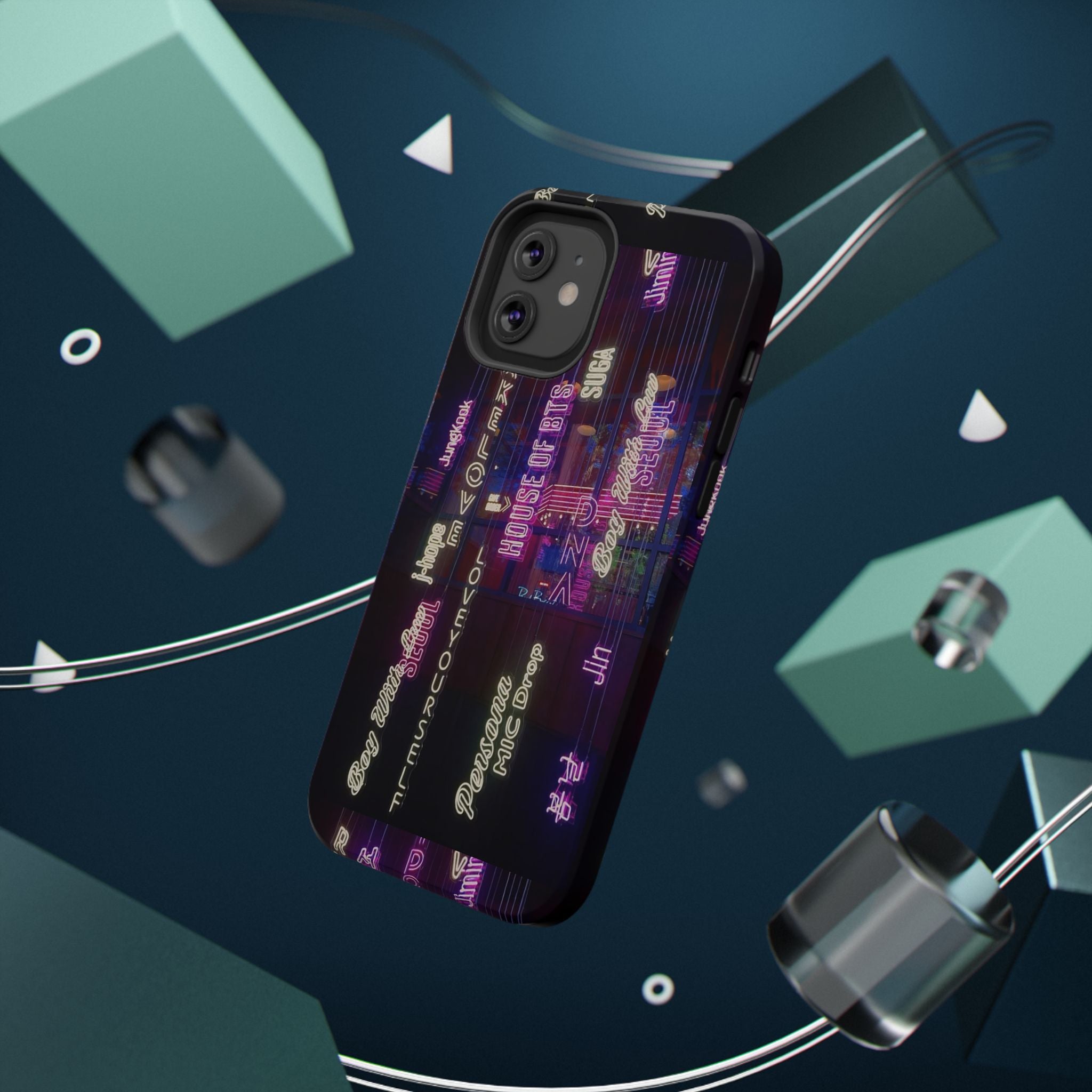 Impact-resistant BTS phone case with neon Korean script design for iPhone and Samsung by Printify, featuring bold, colorful graphics.