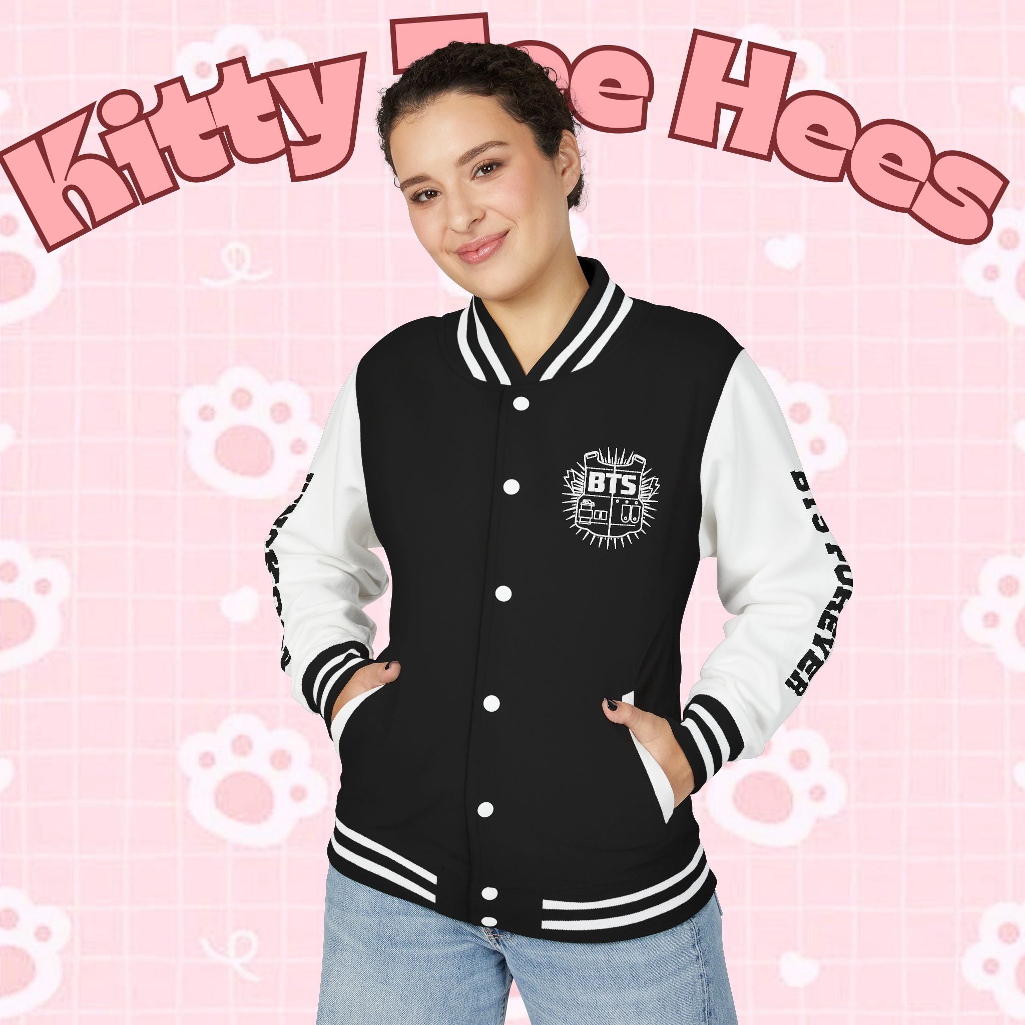 Personalized BTS logo varsity jacket with sleeve text, stylish outerwear featuring the iconic BTS branding and custom design.