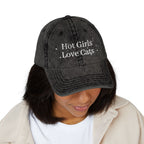 Vintage style embroidered cap with "Hot Girls Love Cats" design, casual wear hat from Printify featuring cat and text details.