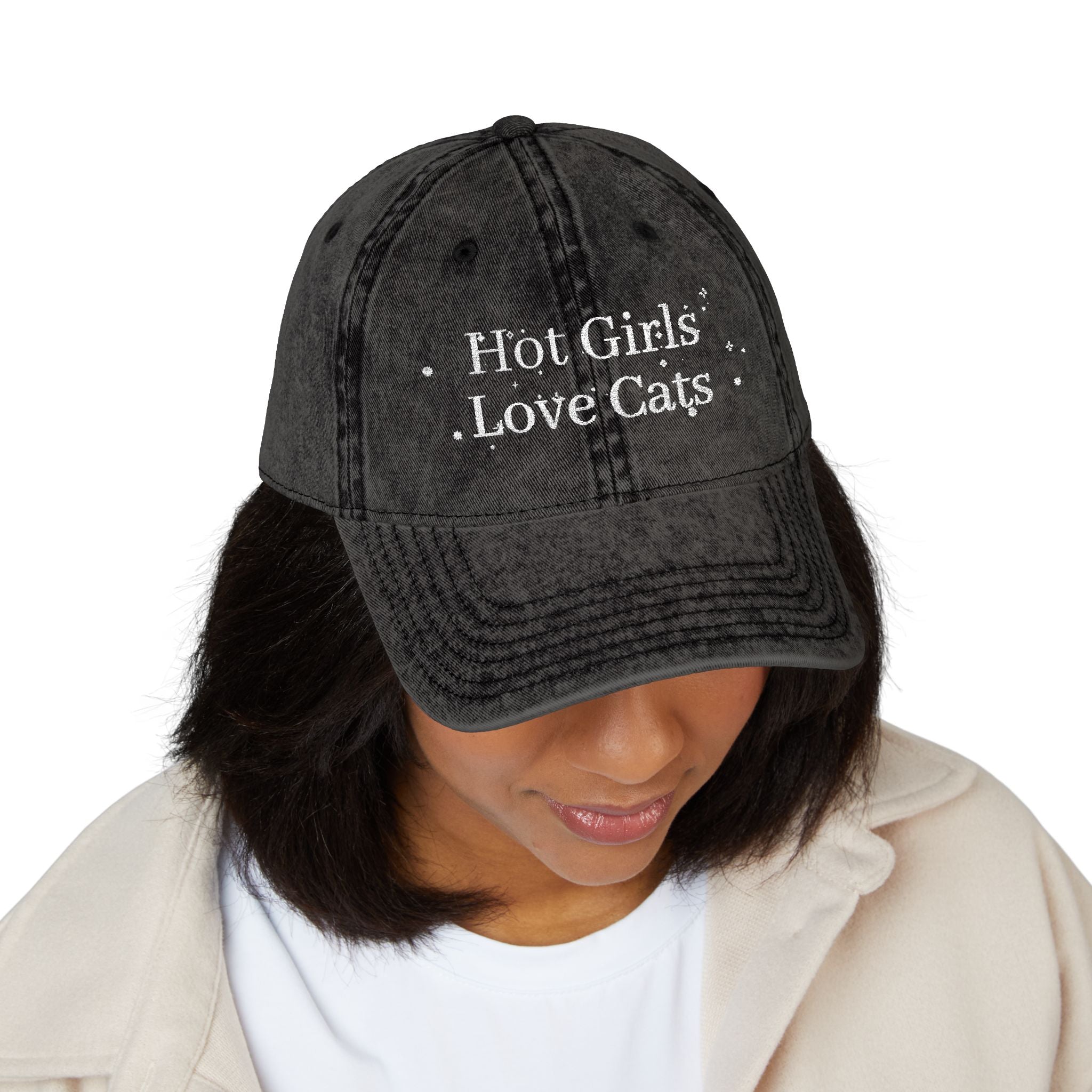 Vintage style embroidered cap with "Hot Girls Love Cats" design, casual wear hat from Printify featuring cat and text details.