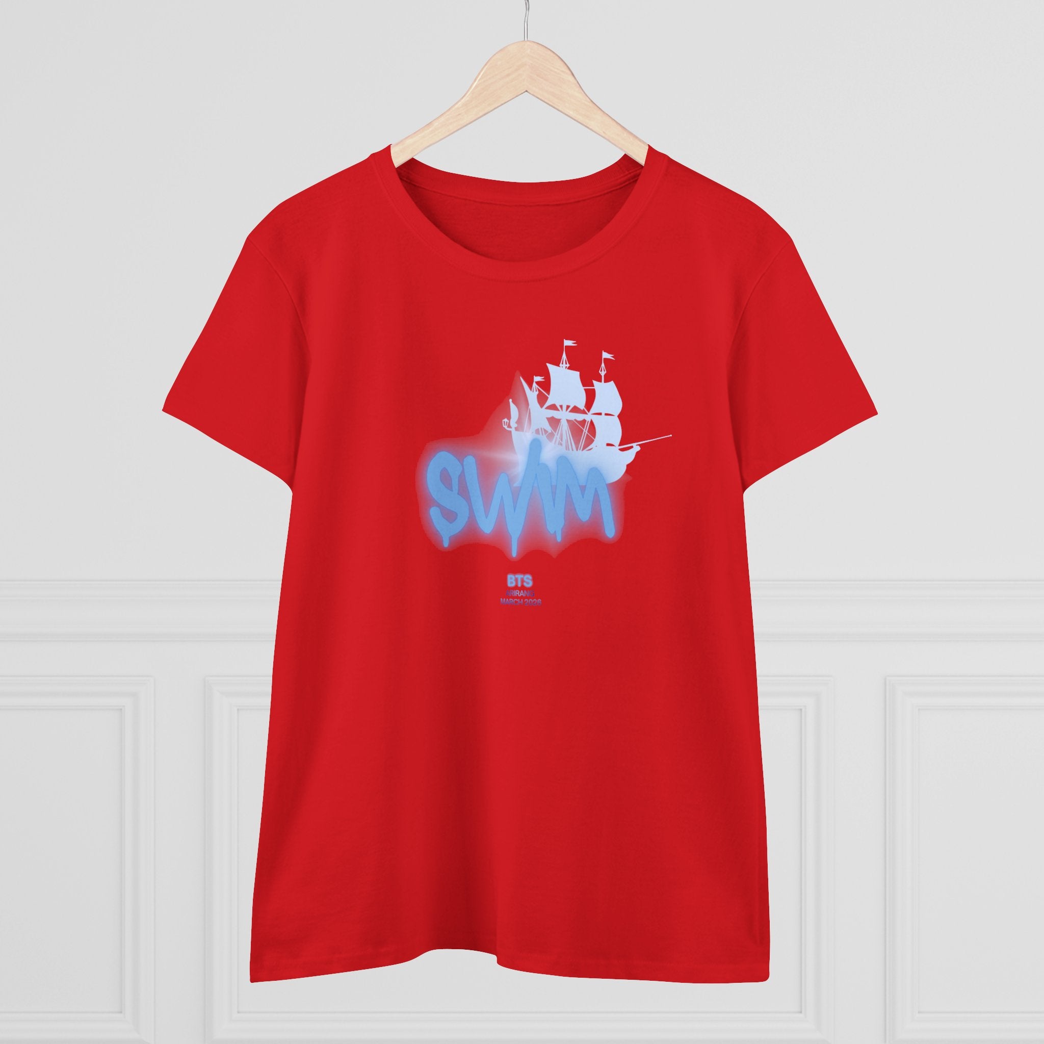 Women's BTS Sailboat Script Logo T-shirt, cotton concert tee featuring Bangtan World Tour design and BTS branding.