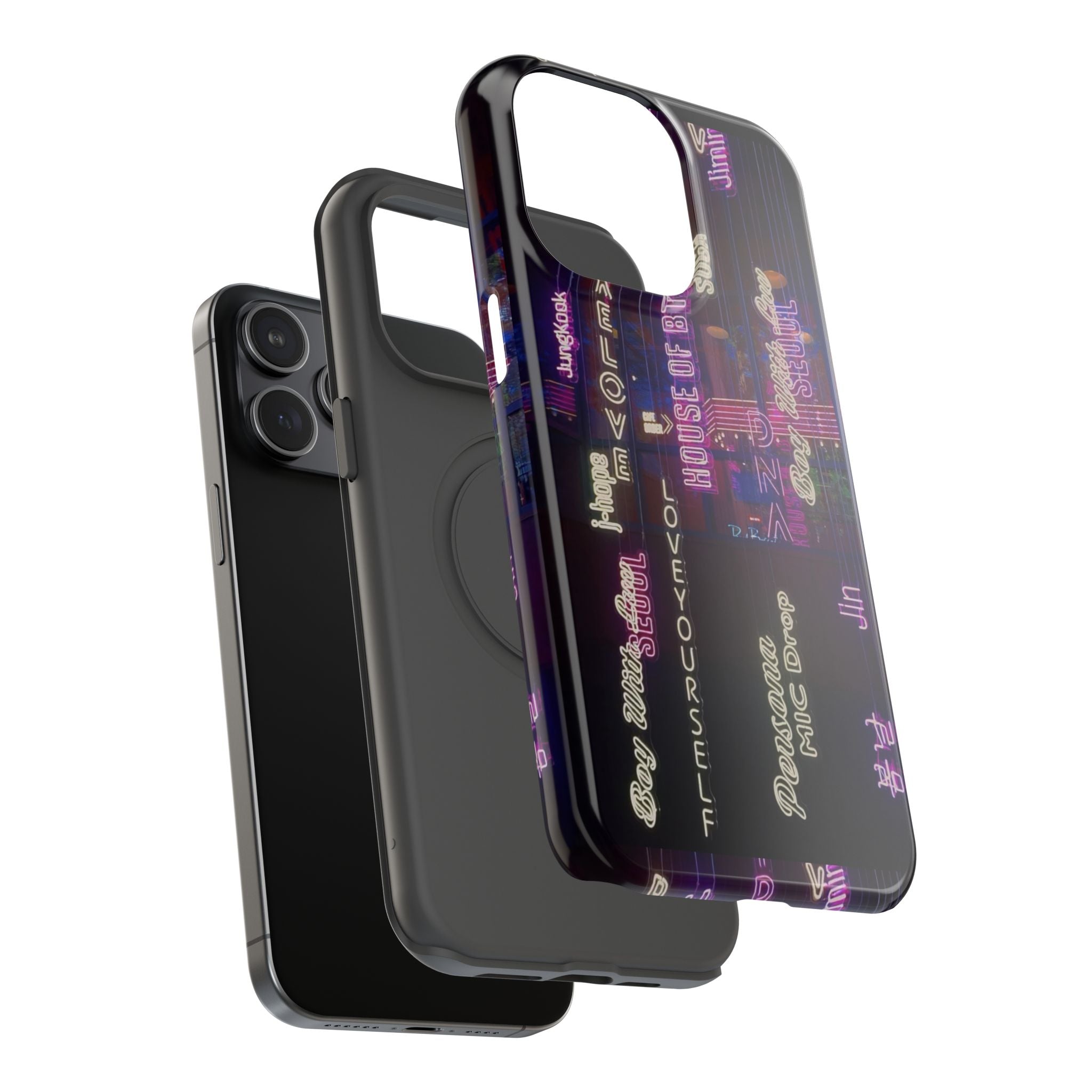 Neon Korean script BTS phone case for iPhone and Samsung, impact-resistant design featuring Bangtan Sonyeondan branding.