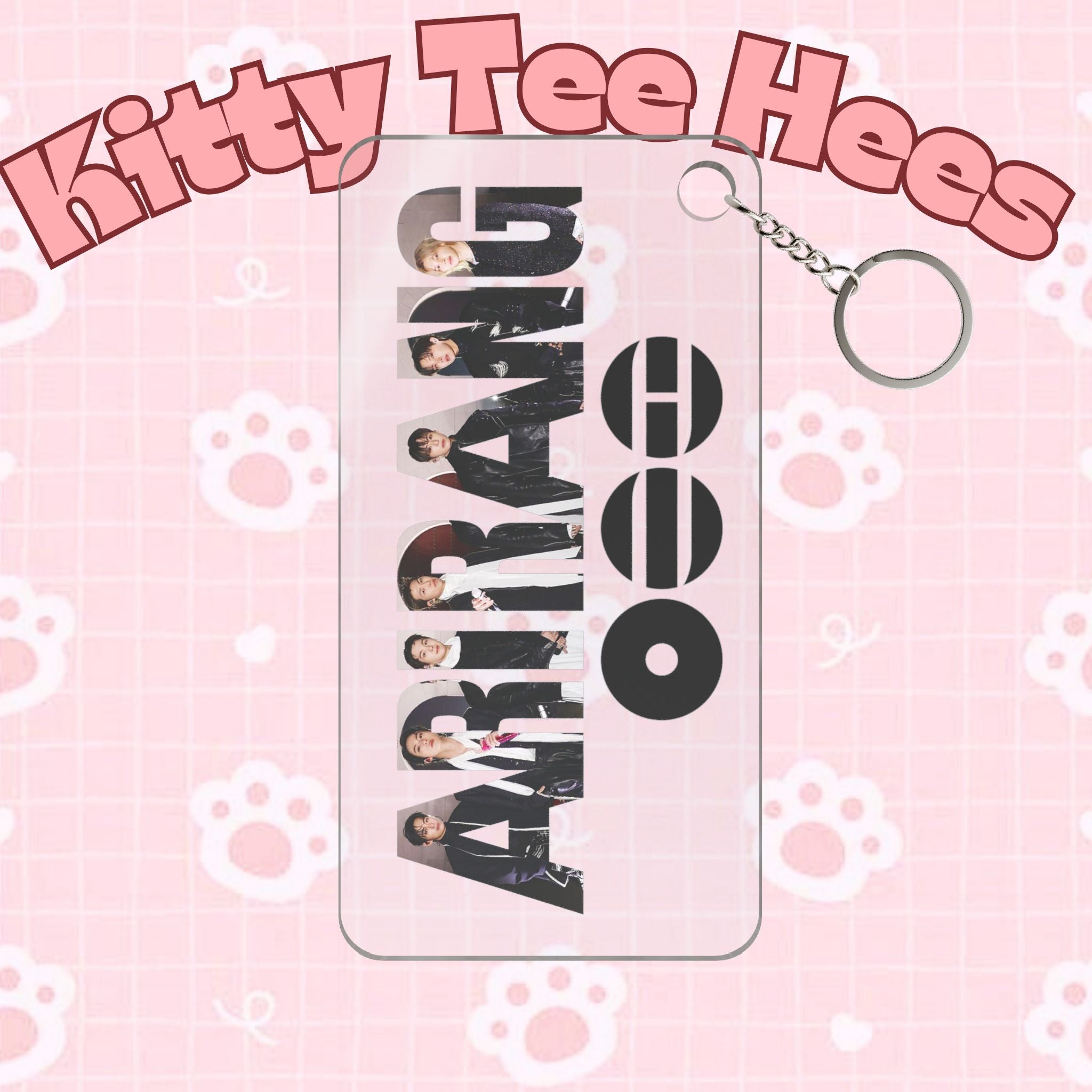 Clear Arirang BTS keychain with Bee Logo, cute K-pop accessory, featuring a transparent design and printed branding.