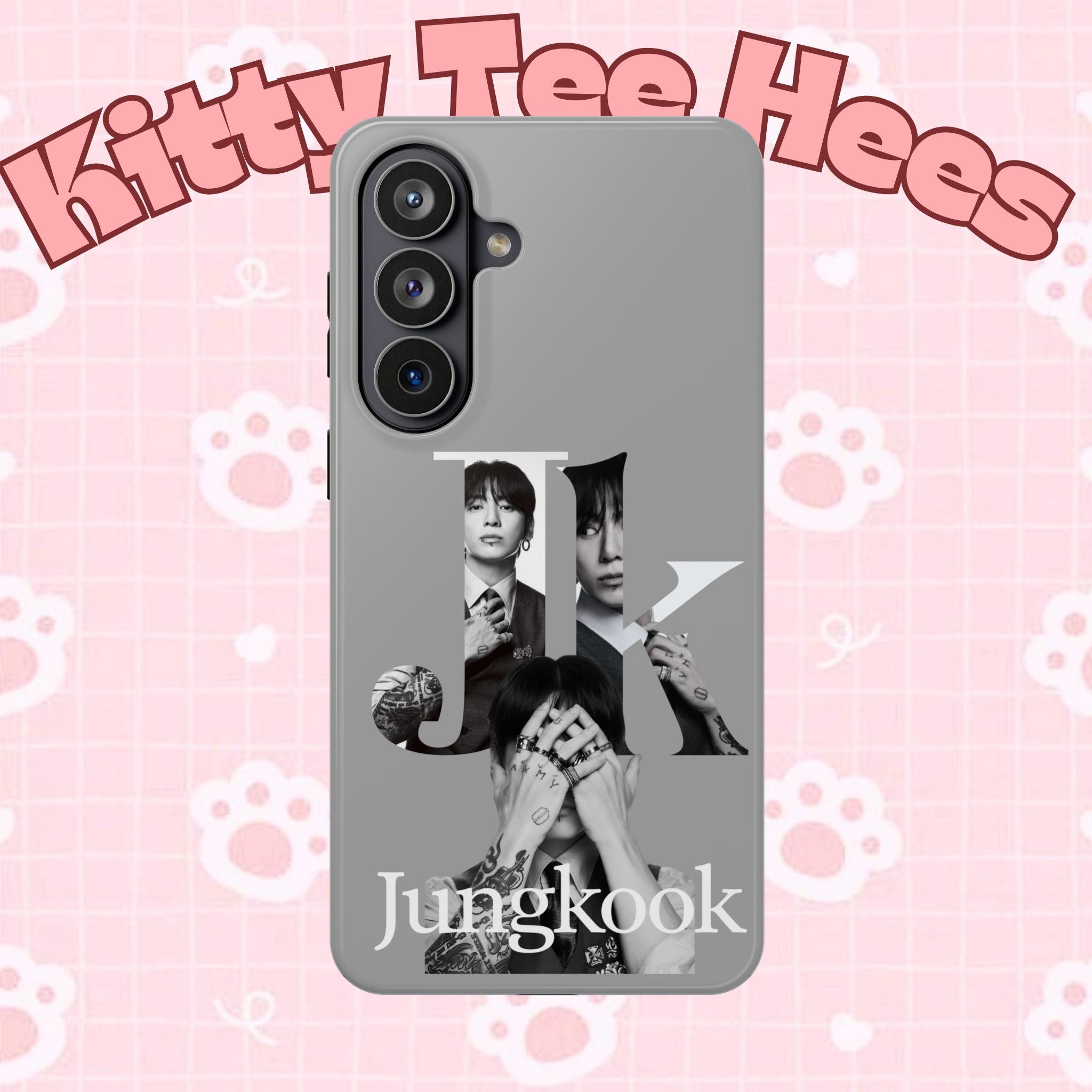 Printify monochrome BTS Jungkook phone case with impact-resistant design, featuring bold letter and Jungkook's image.