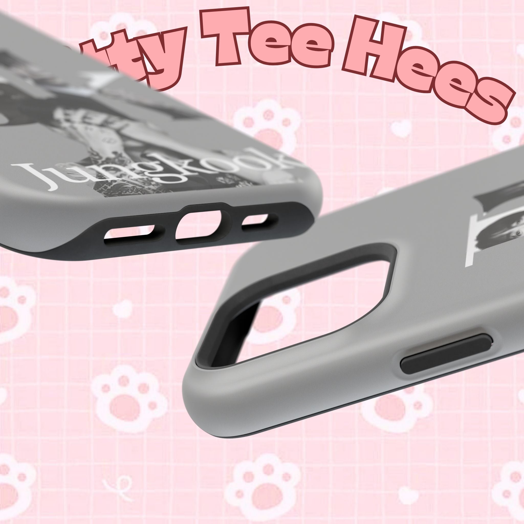 Monochrome BTS Jungkook phone case featuring impact-resistant design with bold letter branding by Printify.