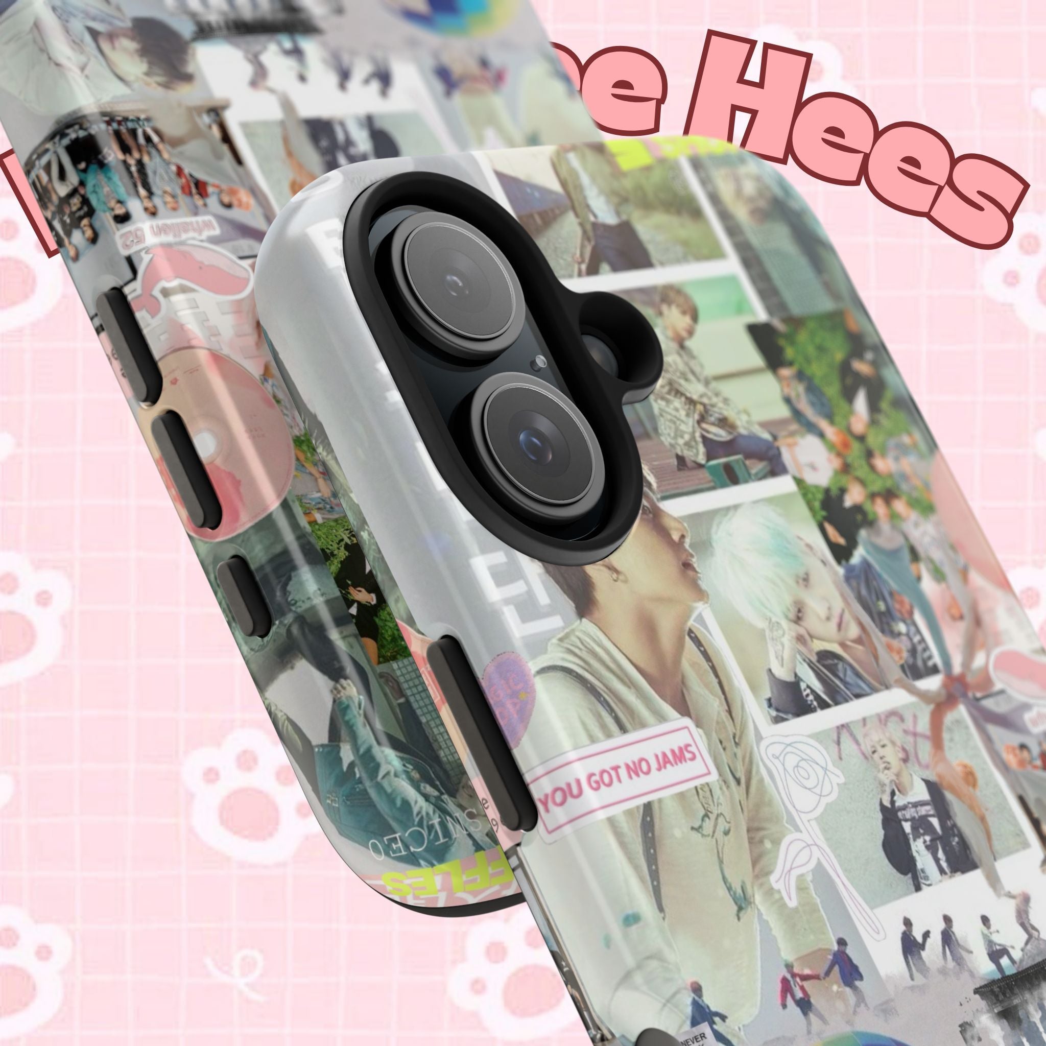 Printify BTS collage phone case for iPhone and Samsung with pastel hot air balloon and K-Pop photo collage design.