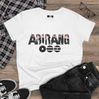 BTS ARIRANG graphic T-shirt featuring Bangtan Boys logo and member names, casual cotton tee by Printify.