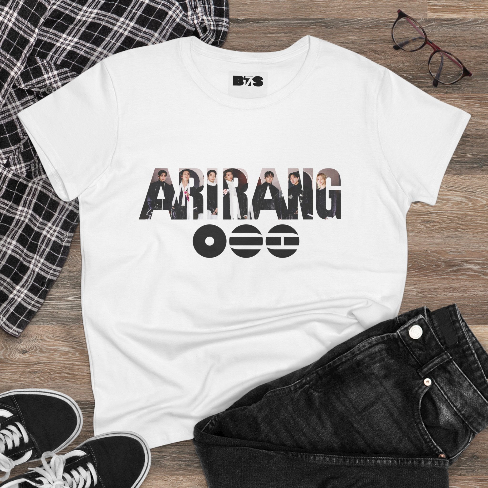 BTS ARIRANG graphic T-shirt featuring Bangtan Boys logo and member names, casual cotton tee by Printify.