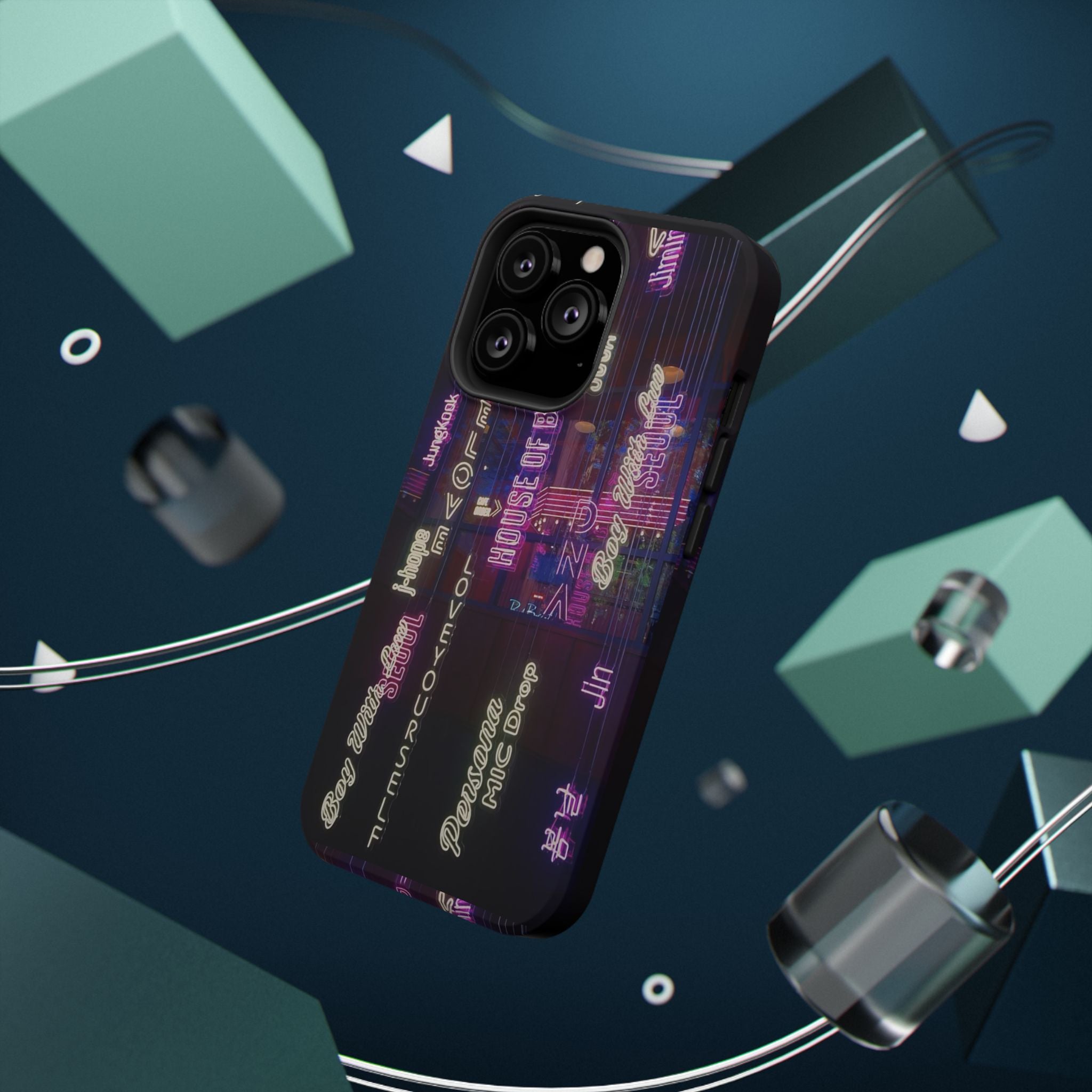 Neon Korean script BTS phone case for iPhone and Samsung, impact-resistant design with bold BTS branding and vibrant colors.