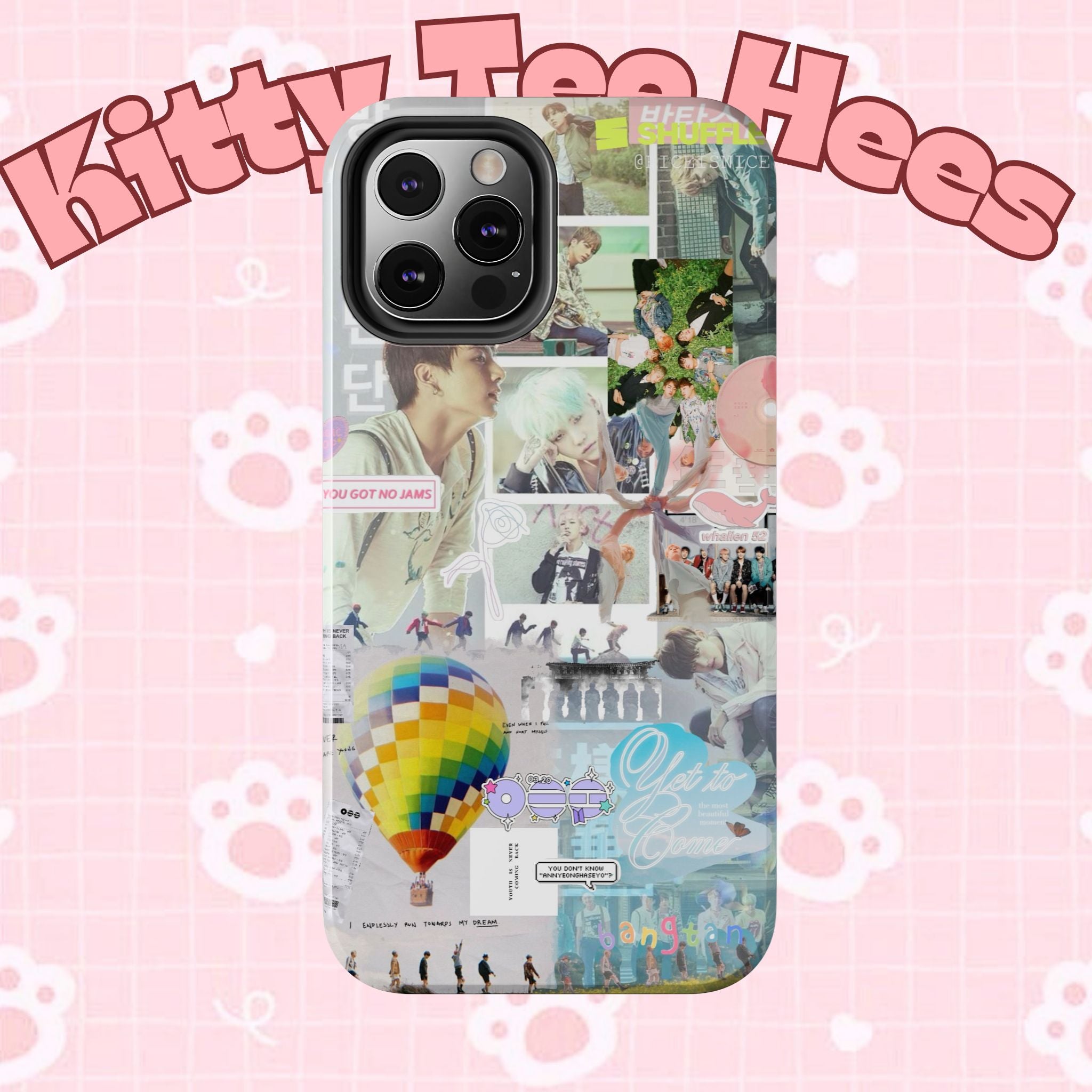 Printify BTS collage phone case for iPhone and Samsung with pastel hot air balloon and K-Pop photo collage design.