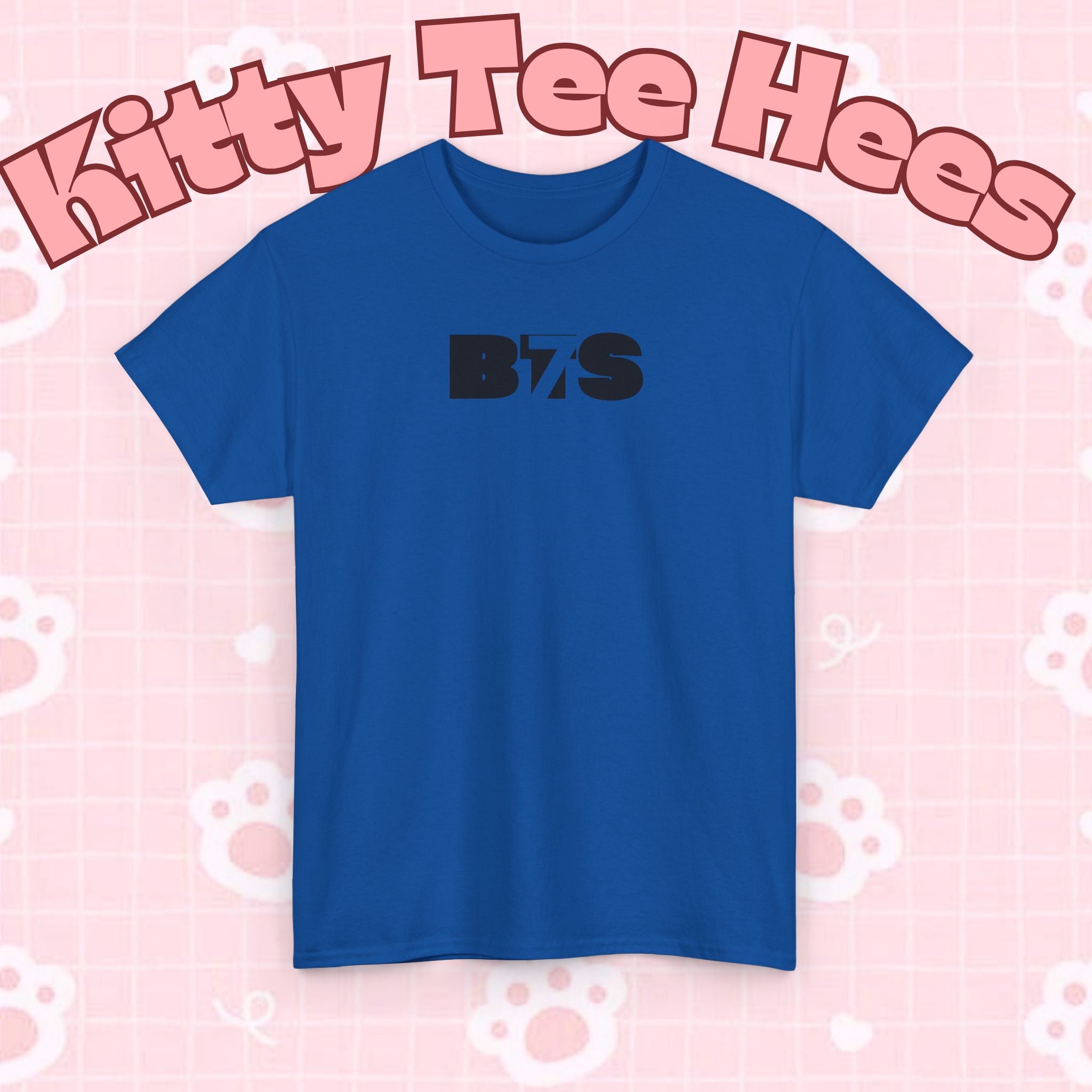Black BTS logo T-shirt featuring Bangtan emblem, minimal design, casual K-pop band shirt by Printify, shown on a flat surface.