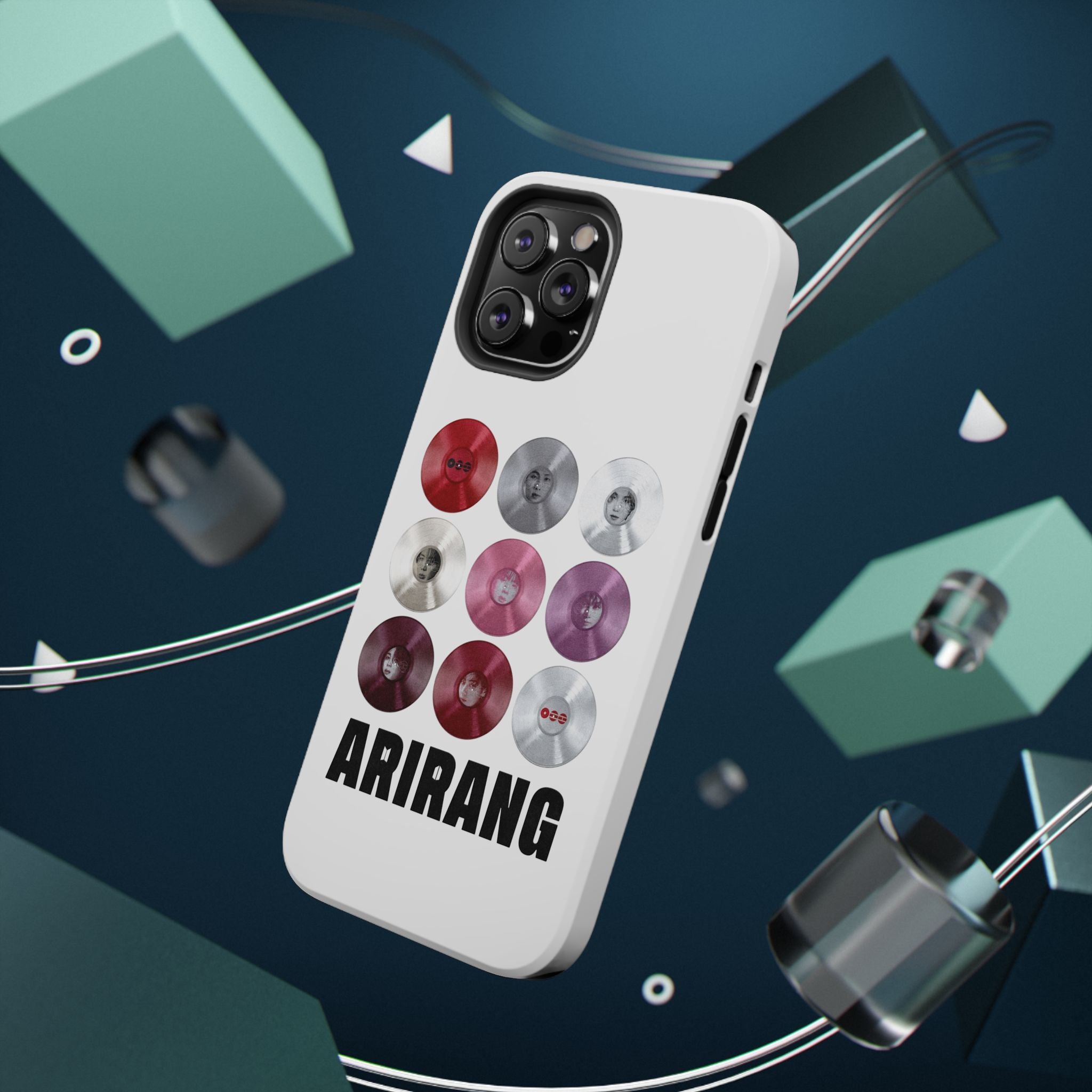 Impact-resistant BTS Arirang vinyl record grid phone case featuring Bangtan Boys and fan merchandise design.