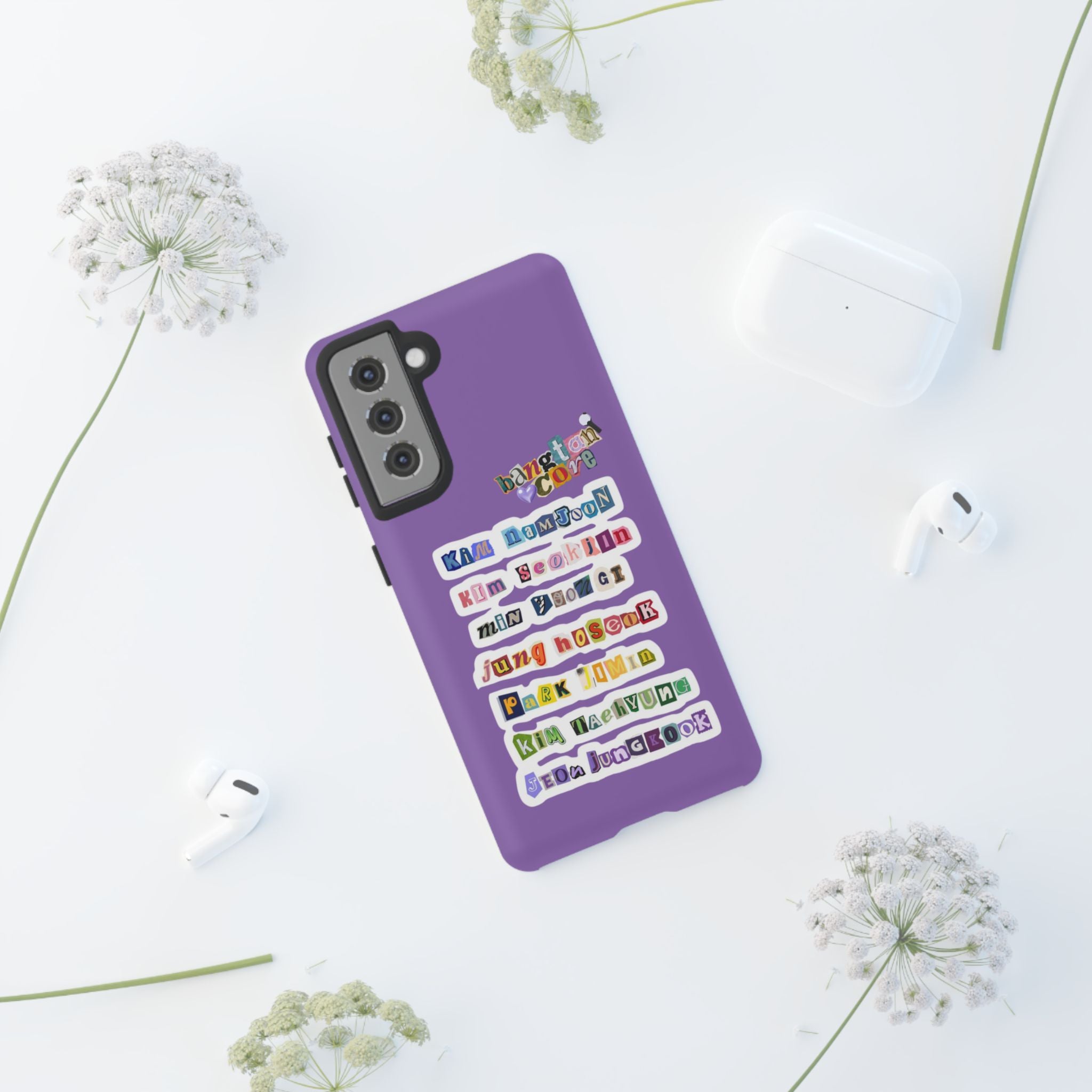 BTS member names phone case featuring Jungkook, Jimin, and Rap Monster for iPhone 17, with a durable tough case design